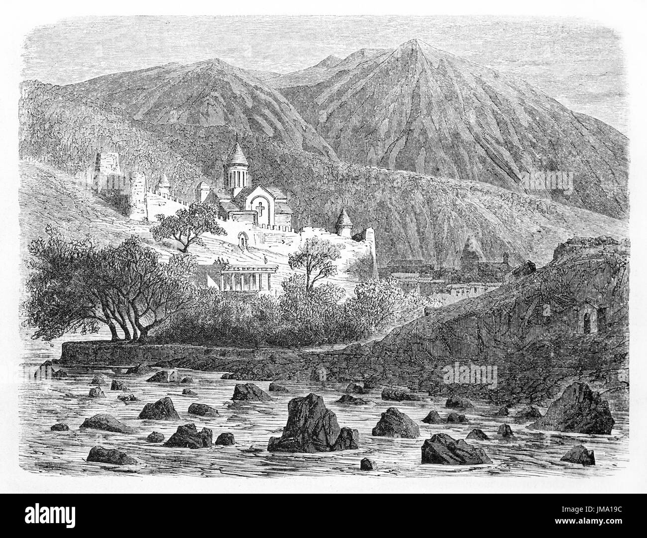 Alte Ansicht der Festung Ananuri, Georgia. Erstellt von Blanchard und Maurand, veröffentlicht am Le Tour du Monde, Paris, 1861. Stockfoto