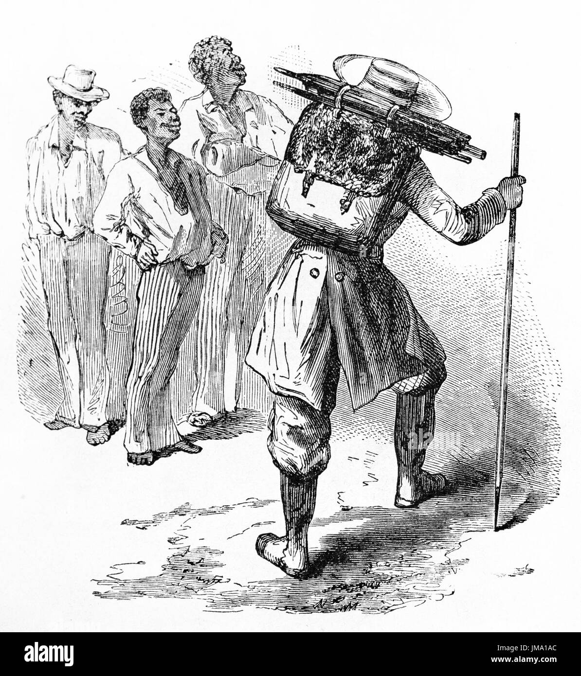 Alte Darstellung eines Mannes mit Rucksack und Stick. Von unbekannter Autor veröffentlicht am Le Tour du Monde, Paris, 1861. Stockfoto