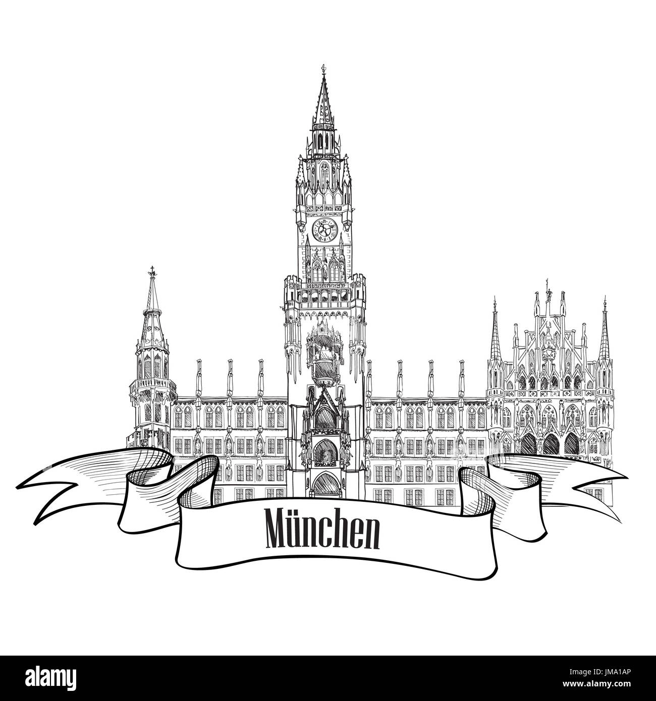München berühmte Stadt Palast mit Turm. rathause, eigene Halle, München, Deutschland. Reisen Wahrzeichen Gebäude Fassade Gravur Skizze unterzeichnen. Stockfoto