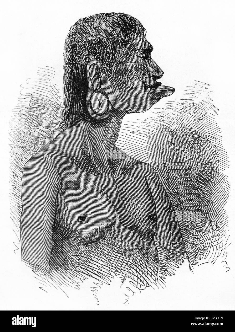 Alten gravierte Portrait ein Botocudo Mann, Aimoré südamerikanischen Menschen mit Lippen und Ohren durch Holzscheiben verformt. Von unbekannten Autoren veröffentlicht Stockfoto