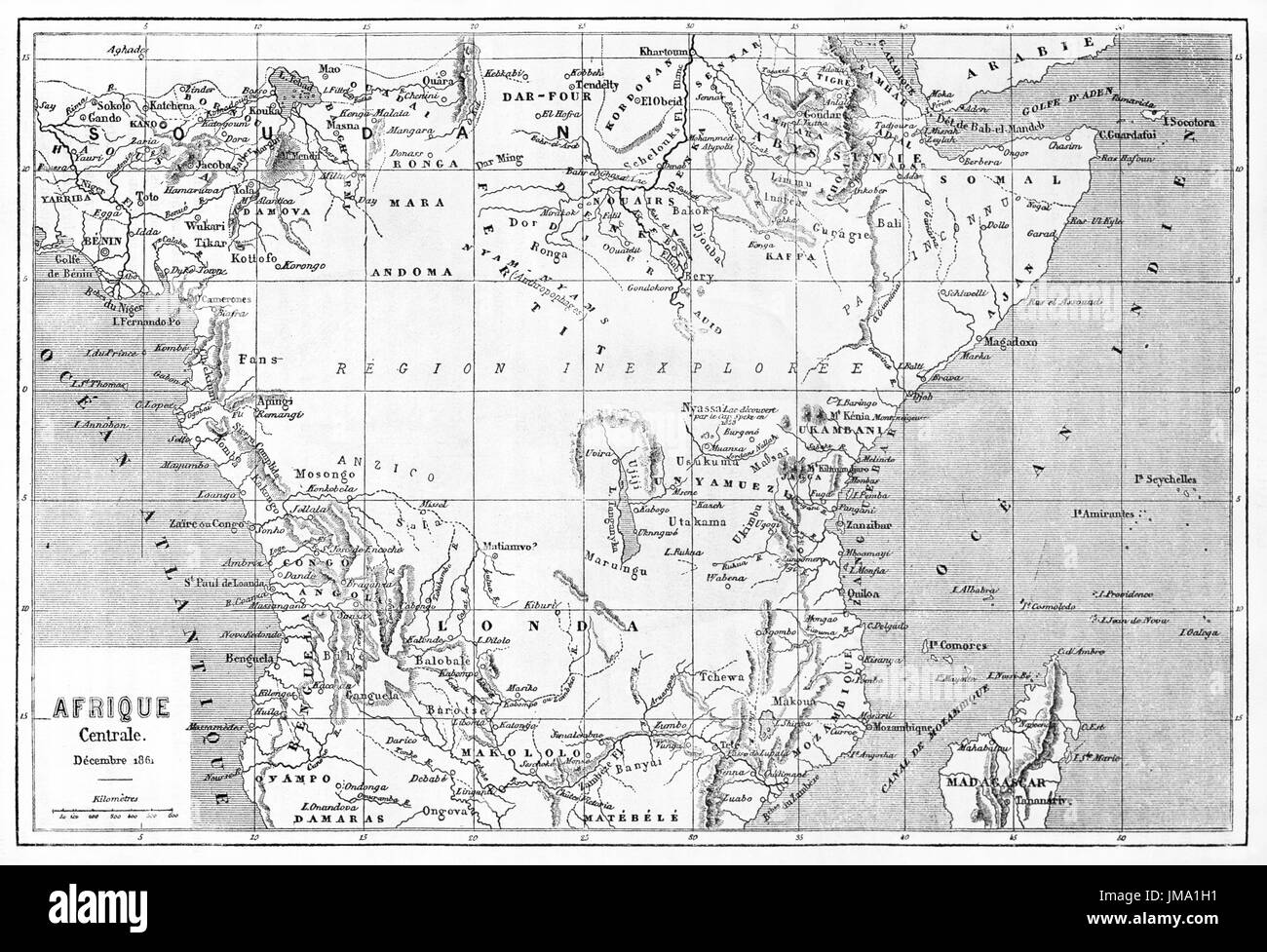 Alte Karte von Zentral-Afrika. Erstellt von Vullemin, Erhard und Bonaparte, veröffentlicht am Le Tour du Monde, Paris, 1861. Stockfoto