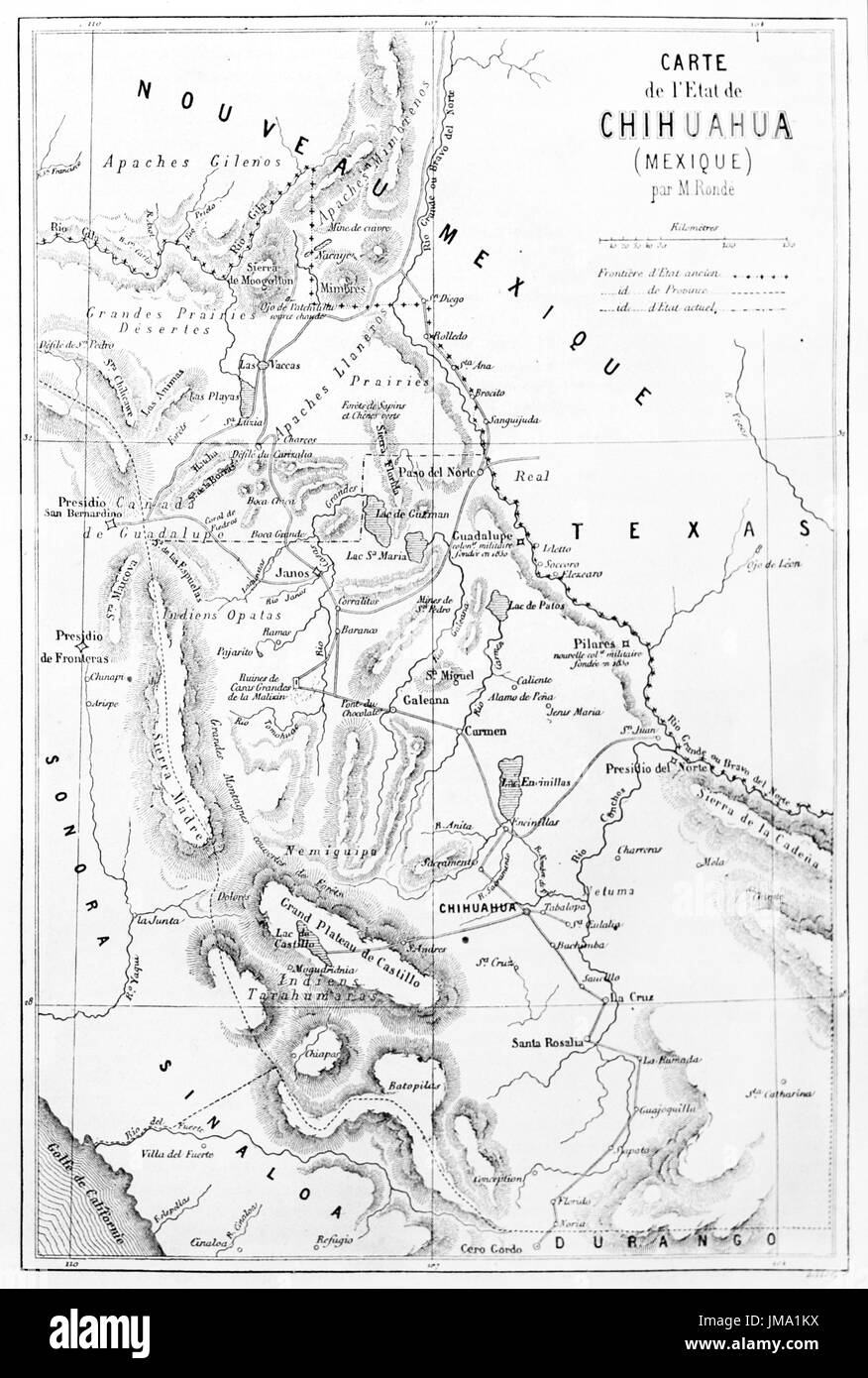 Alte Karte von Staat Chihuahua, Mexiko. Gestochen von Ehrard und Bonaparte, am Le Tour du Monde, Paris, 1861 veröffentlicht. Stockfoto
