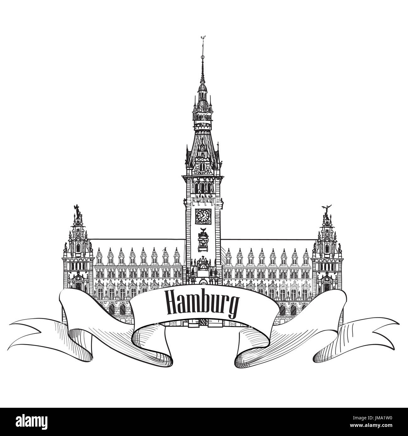 Hamburg Sehenswürdigkeiten Rathaus. Deutschland, Europa. Hand gezeichnet Vektor Skizze deutsche Symbol der Stadt. Stockfoto