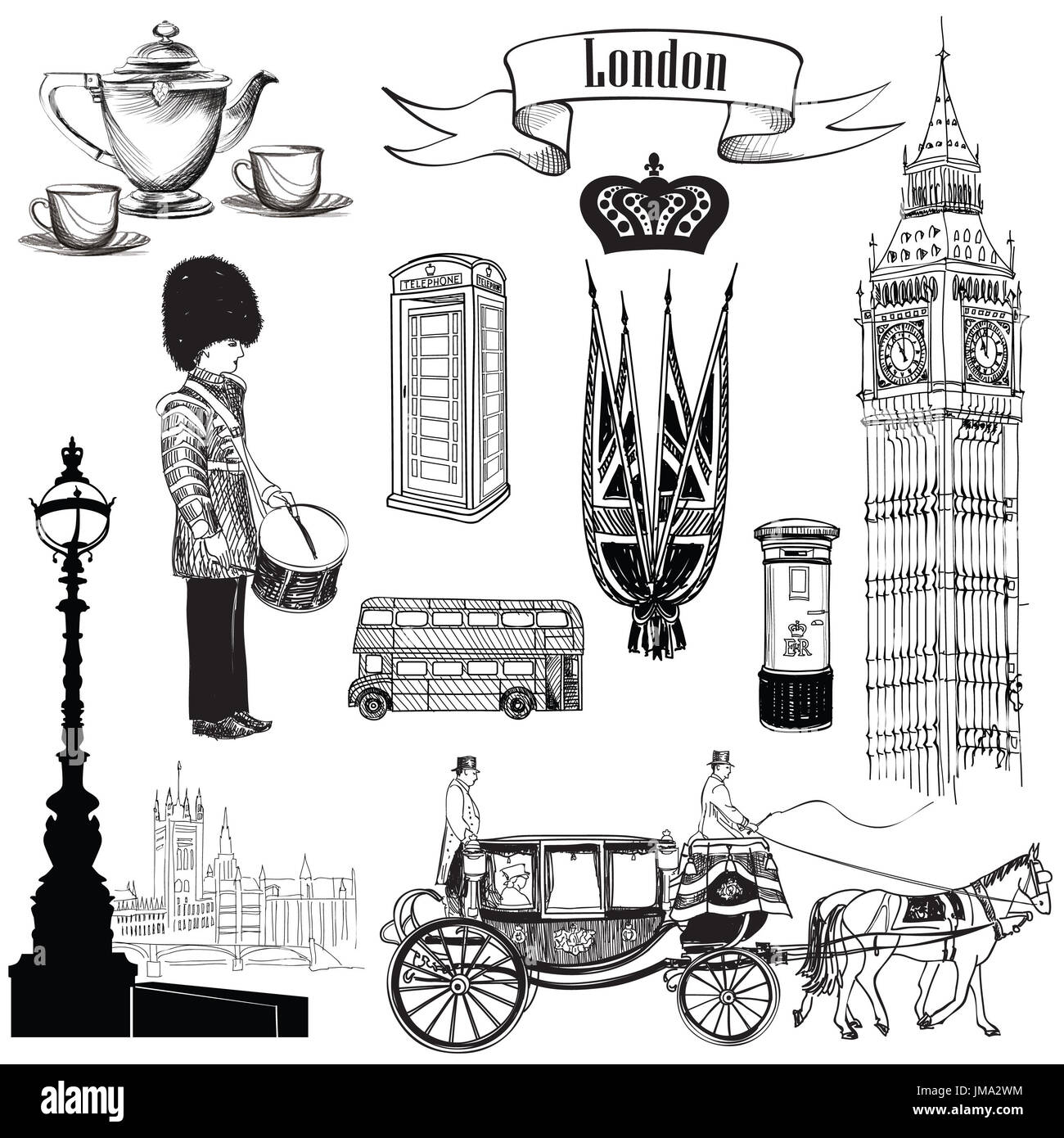 Englisch Icon Set. Symbole in London, England, UK, Europa. Handzeichnung vintage Abbildung auf weißen Hintergrund. Stockfoto