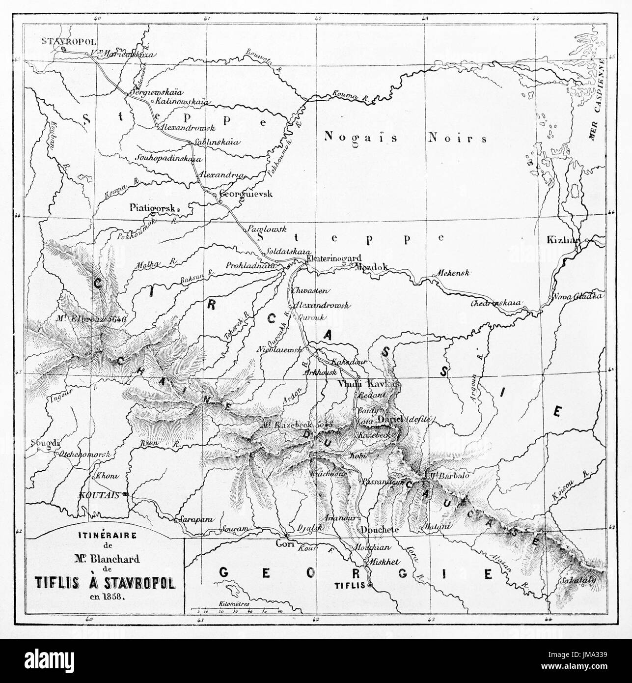 Alte Karte von Auguste Blanchard Reiseroute von Tiflis, Stawropol. Gestochen von Ehrard und Bonaparte, am Le Tour du Monde, Paris, 1861 veröffentlicht. Stockfoto