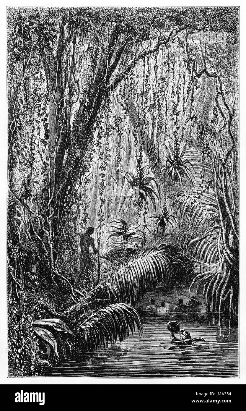 Alte Darstellung der Männer fording einen Fluss im brasilianischen Urwald. Erstellt von Sargent, veröffentlicht am Le Tour du Monde, Paris, 1861. Stockfoto