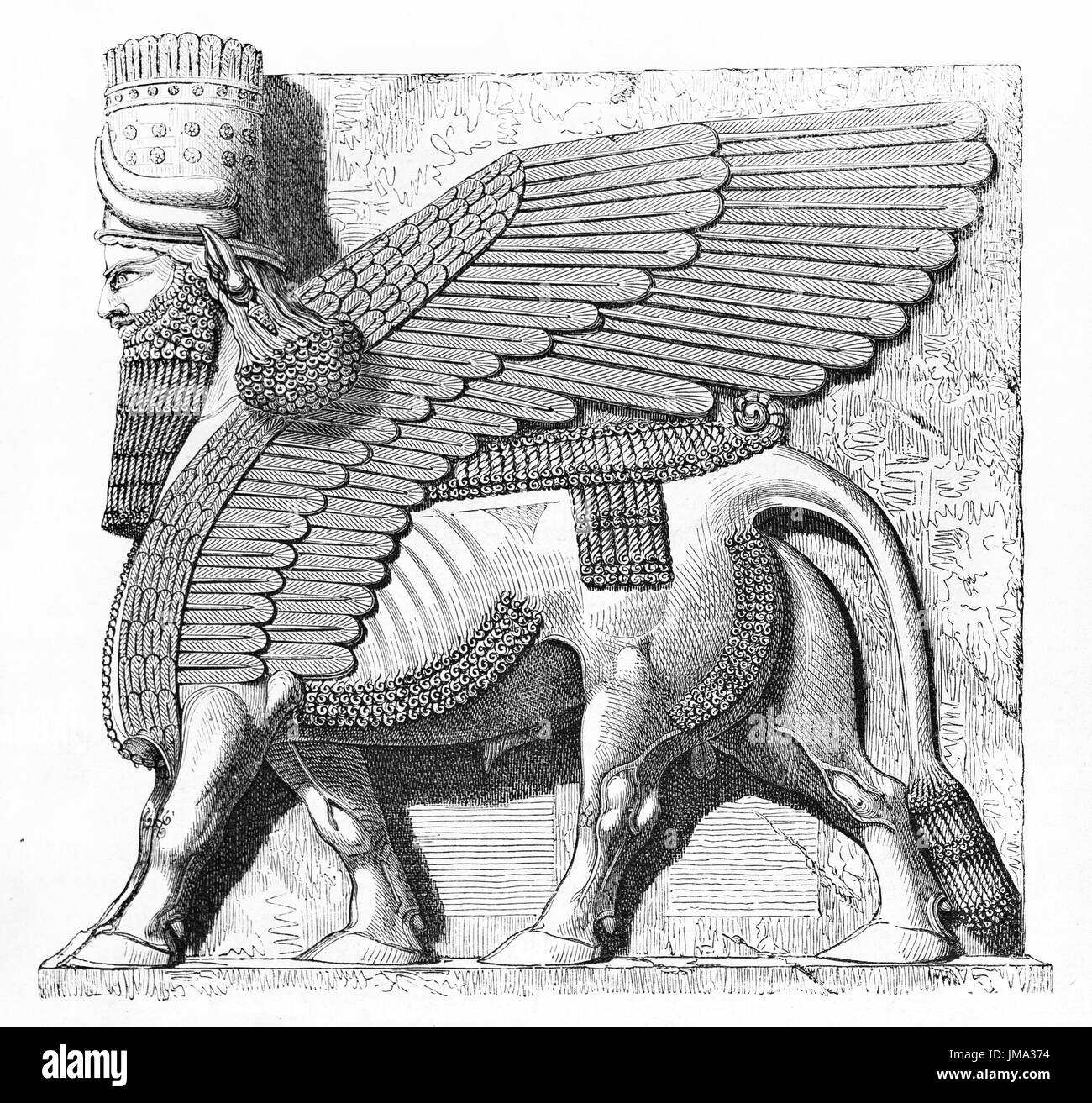 Alte Abbildung von Khorsabad Lamassu Chambrale (Antike assyrische Hauptstadt, Nord-Irak). Erstellt von Flandin, veröffentlicht am Le Tour du Monde, Paris, 186 Stockfoto
