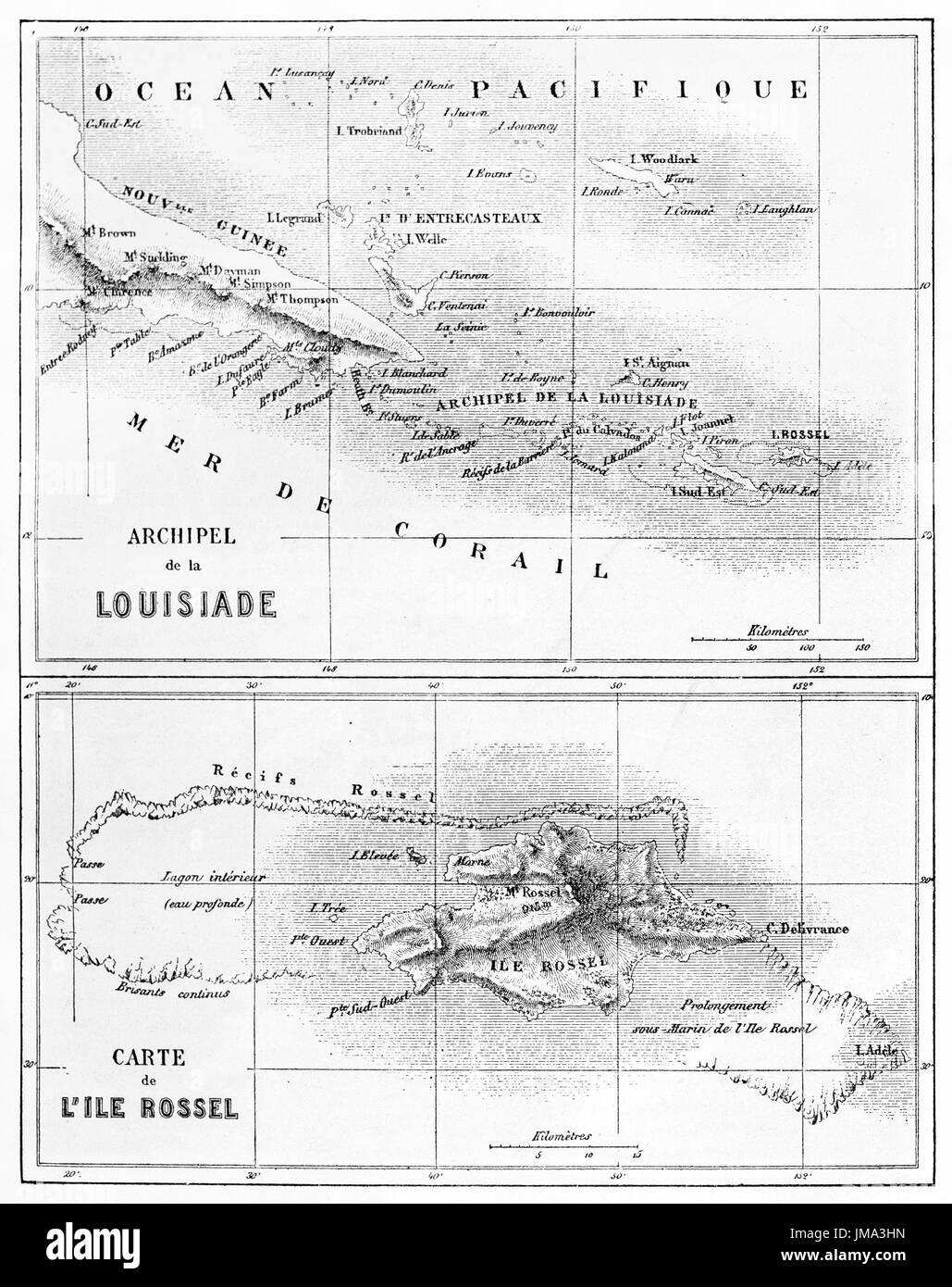 Alte Karten von Louisiade-Archipel und Rossel Insel (südöstlich von Neu-Guinea). Erstellt von Erhard und Bonaparte, veröffentlicht am Le Tour du Monde, Paris, Stockfoto