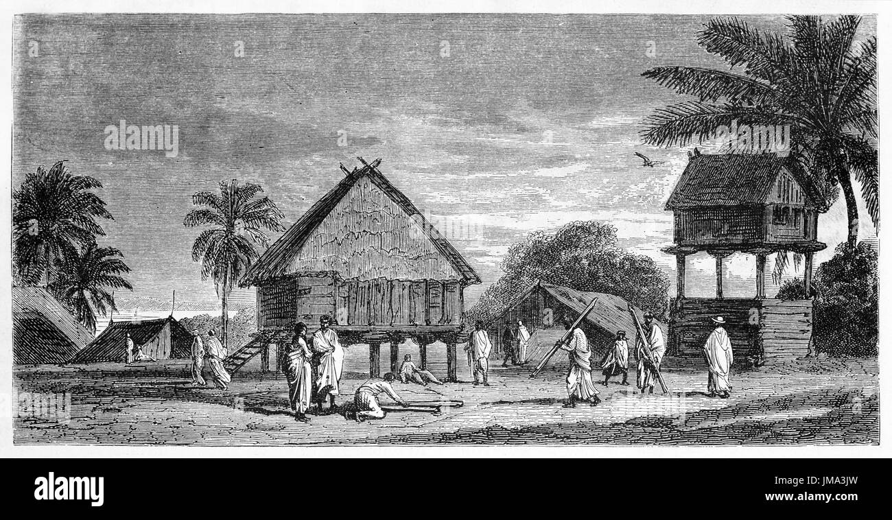 Alte Ansicht von Madagaskar Hütten und Taubenhaus. Erstellt von Bérard, veröffentlicht am Le Tour du Monde, Paris, 1861 Stockfoto
