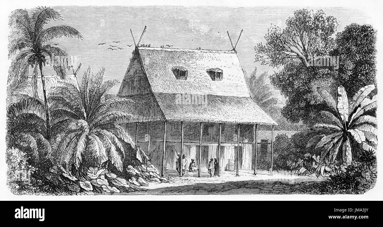 Alte Darstellung eines Hauses in Madagaskar. Erstellt von Bérard, veröffentlicht am Le Tour du Monde, Paris, 1861 Stockfoto