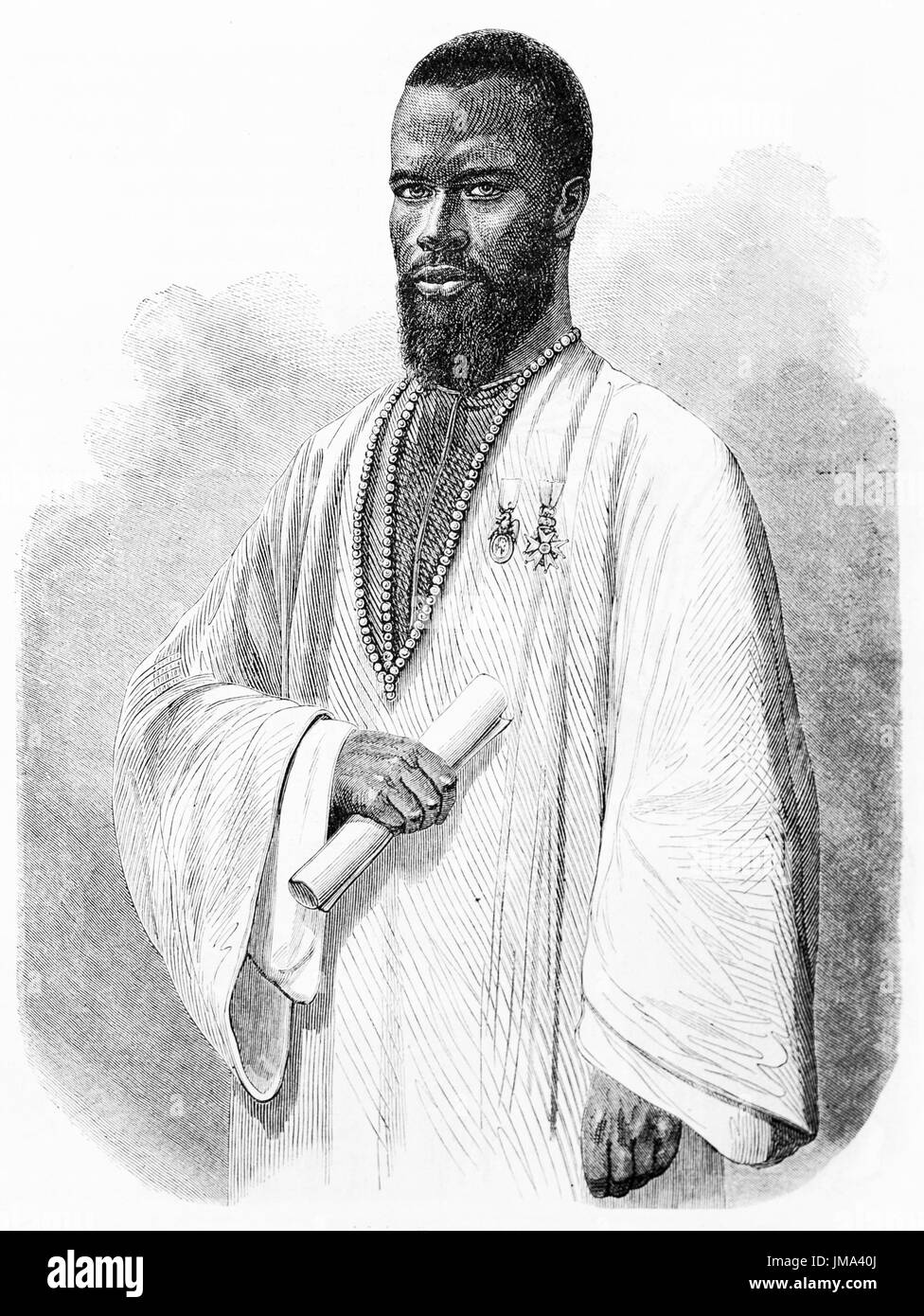 Porträt von Hadji Moktar Bou el Mogdad in traditioneller weißer Kleidung und Halskette, Saint-Louis Cadi, Senegal. Kunst von Hadamard und Gauchard, 1861 Stockfoto