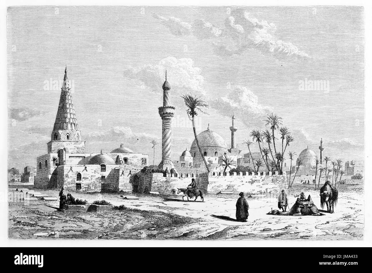 Gesamtansicht des arabischen monumentalen Gebäudes auf einer warmen desertischen Landschaft, Mausoleum von Omar Al-Sahrawardi, Bagdad. Kunst von Flandin, 1861 Stockfoto