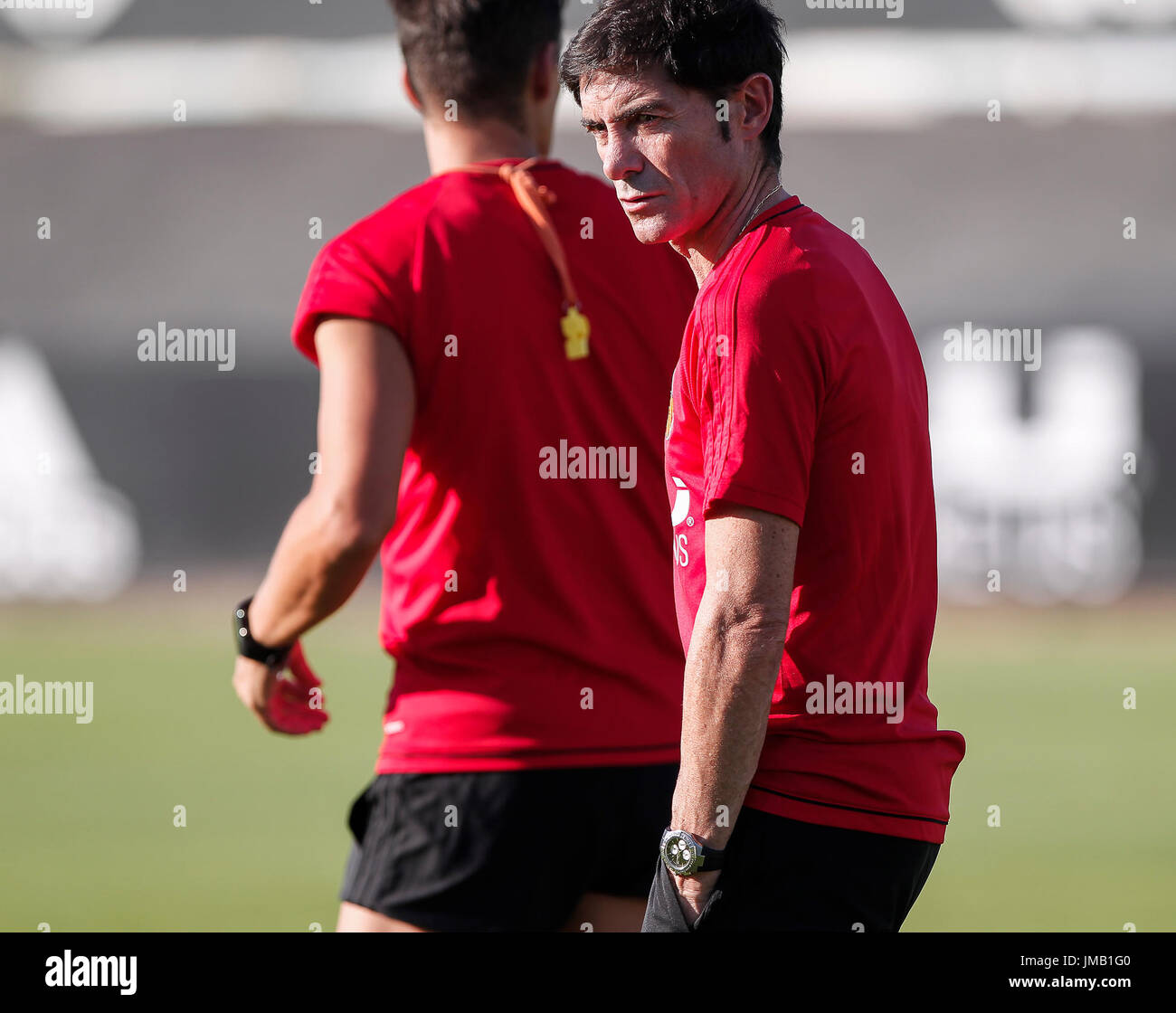 Valencias Trainer Marcelino Garcia Toral (R) in Valencia CF Ausbildung in Sport Stadt von Paterna. am 27. Juli 2017. Stockfoto