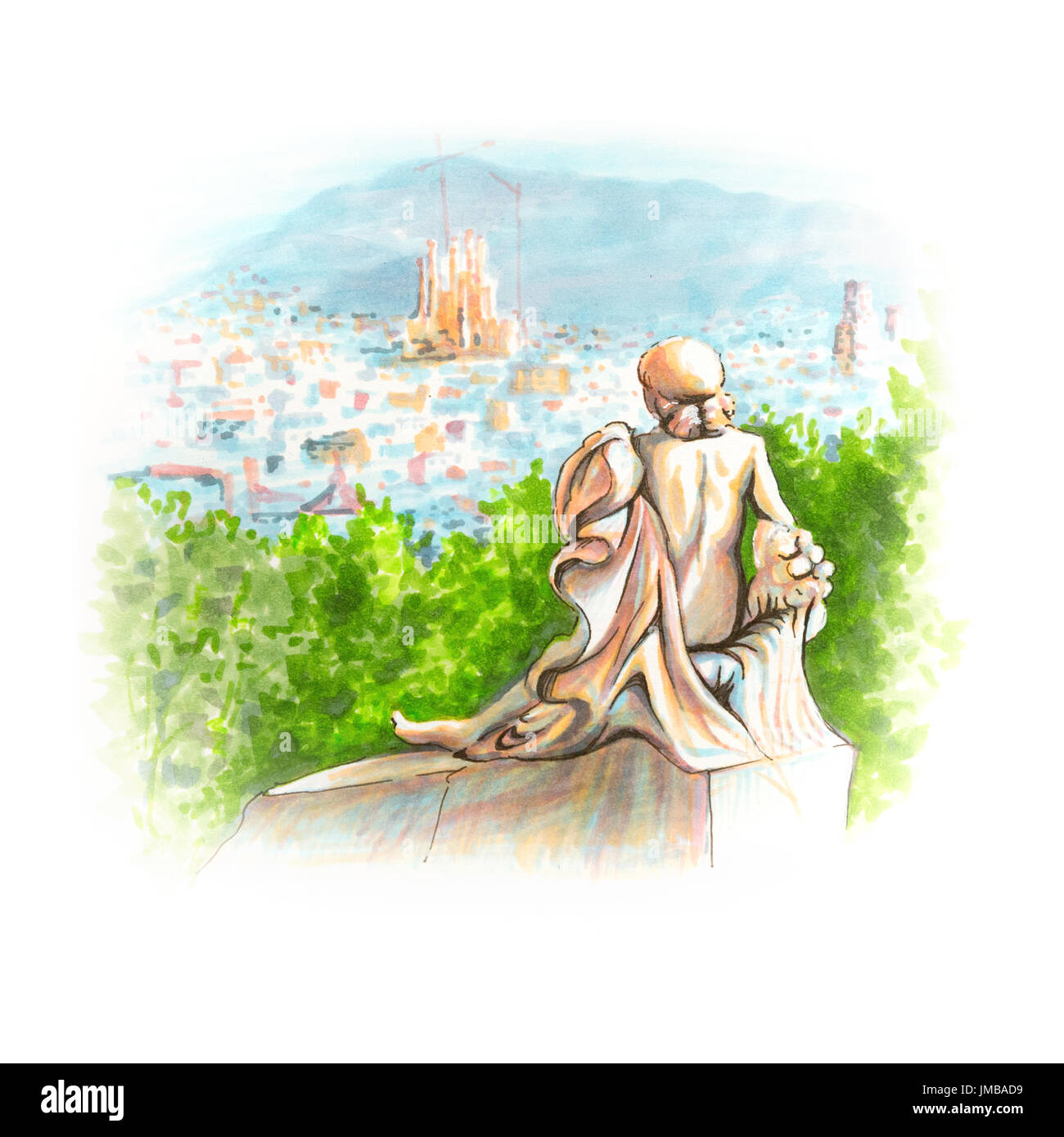 Sonnenuntergang in Barcelona vom Montjuïc, Katalonien, Spanien gesehen. Marker und Liner Hand gezeichnete Bild gemacht Stockfoto