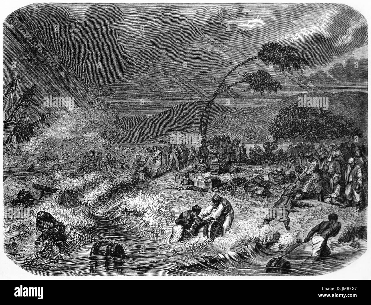 Überlebende, die nach dem Schiffswrack von Saint-Paul auf Rossell Island, Louisiade Archipel, an Land unter heftigem dunklen Sturm landeten. Hadamard 1861 Stockfoto