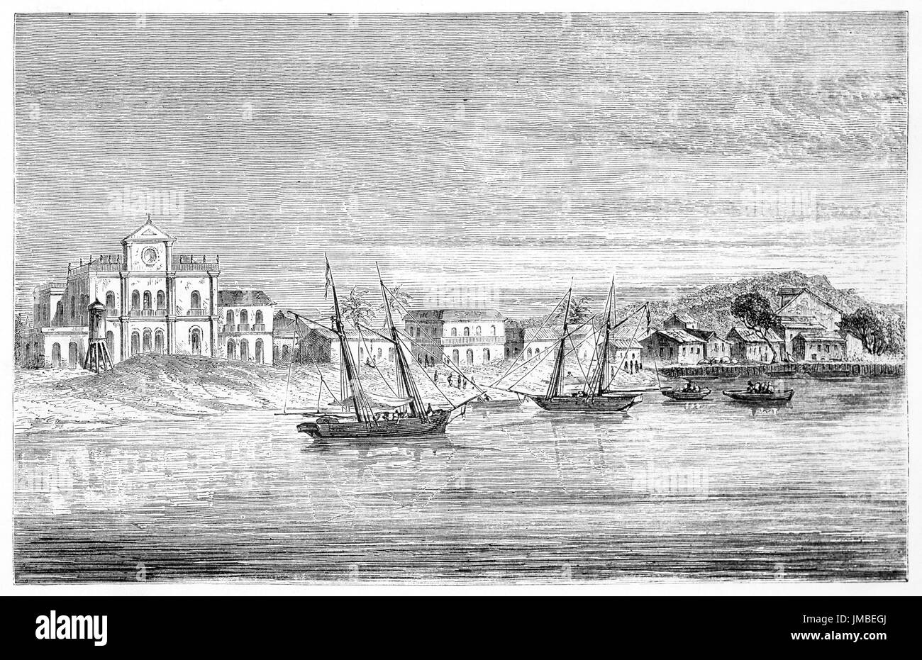 Kleine Stadt erhebt sich am Meer Küste genannt Santarem, Parà , Brasilien. Schiffe und ruhiges Meerwasser. Radierungskunst von Hotelin, Hurel und Sangent, 1861 Stockfoto