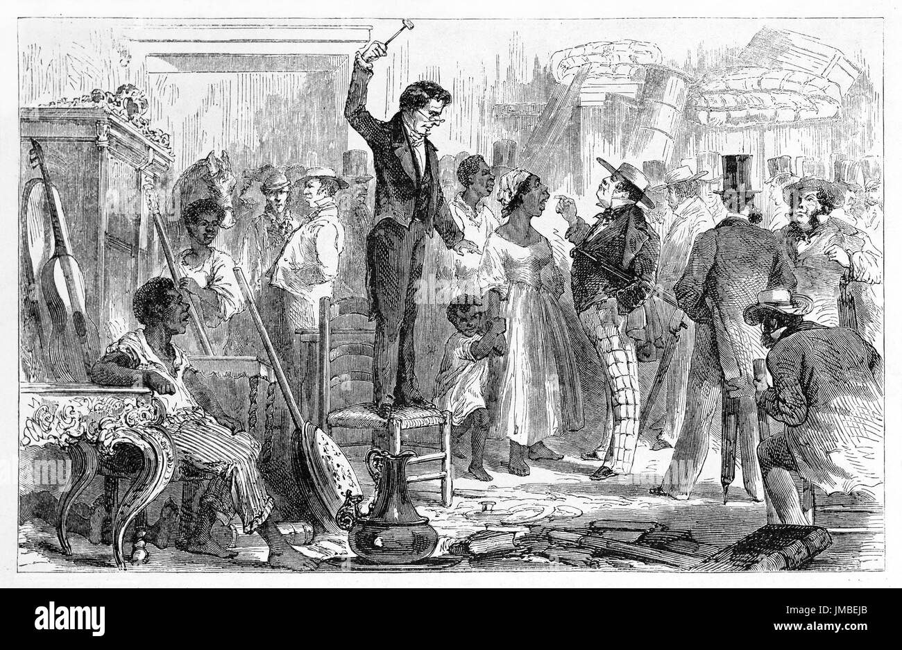 Crowdy schwarze Sklaven Verkauf als Objekte Ort in Rio de Janeiro behandelt. Alte graue Ton Radierung Stil Kunst von Riou, Le Tour du Monde, 1861 Stockfoto
