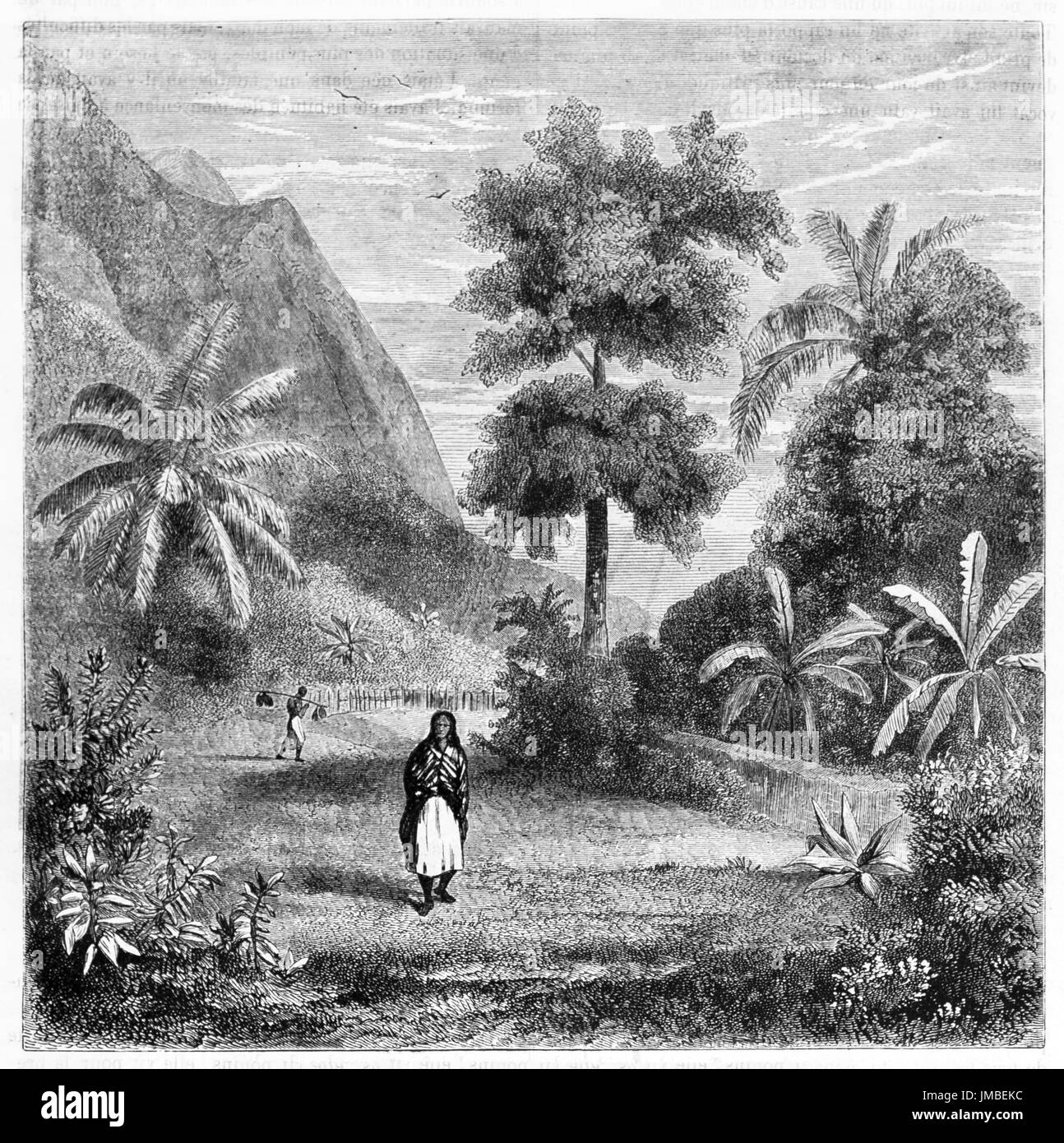 tahitian Frau traditionell gekleidet, umgeben von üppiger Natur von Tahiti im Landesinneren. Alte graue Ton Radierung Stil Kunst von Bérard, 1861 Stockfoto