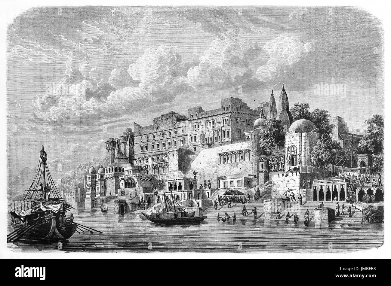 Monumentale indische Gebäude und Treppen vom Ganges Fluss Wasser in Varanasi, Uttar Pradesh, Indien. Ätzkunst von De Bar, 1861 Stockfoto
