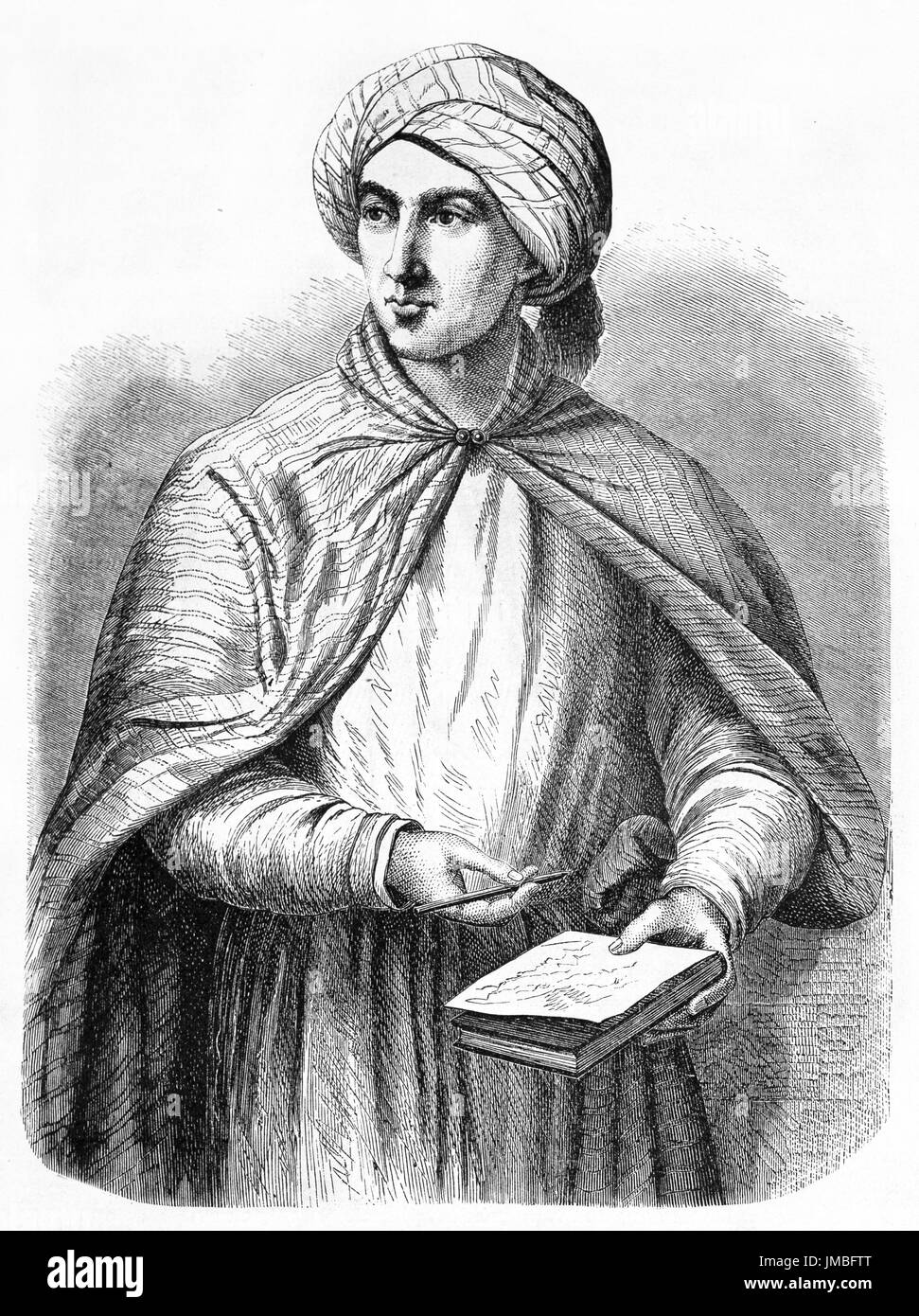 Altes eingraviertes Porträt von Eduard Vogel (1829-1856), deutscher Entdecker in Zentralafrika mit Notizen auf kleinem Notizbuch. Von Trichon, 1861. Stockfoto