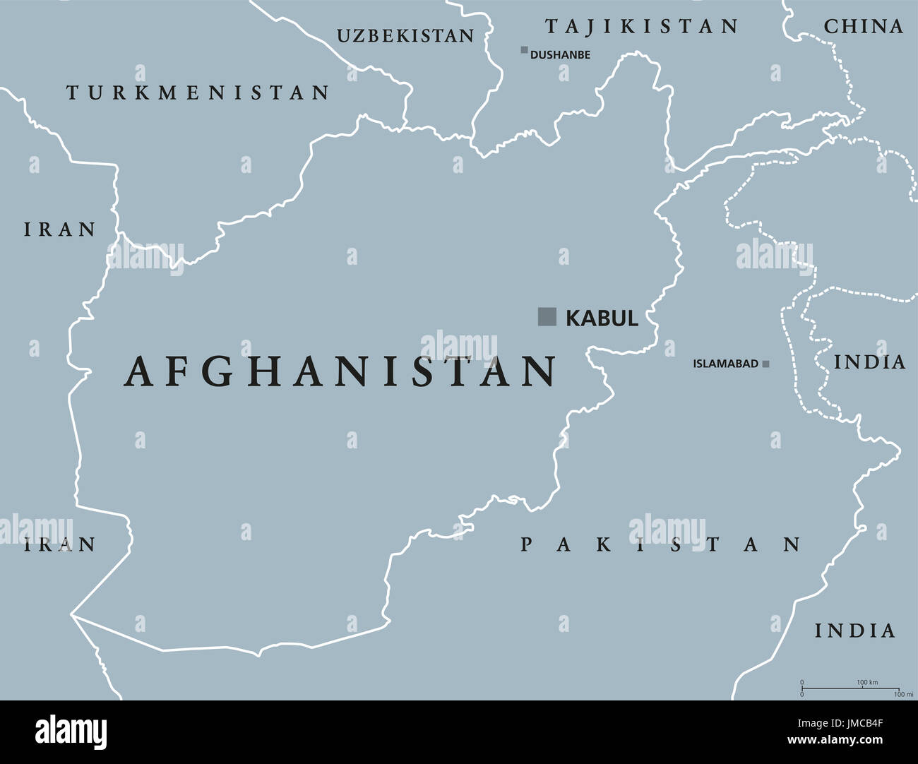 Afghanistan politische Karte mit Hauptstadt Kabul und Grenzen. Islamische Republik und Binnenstaat in Süd- und Zentralasien. Graue Abbildung. Stockfoto