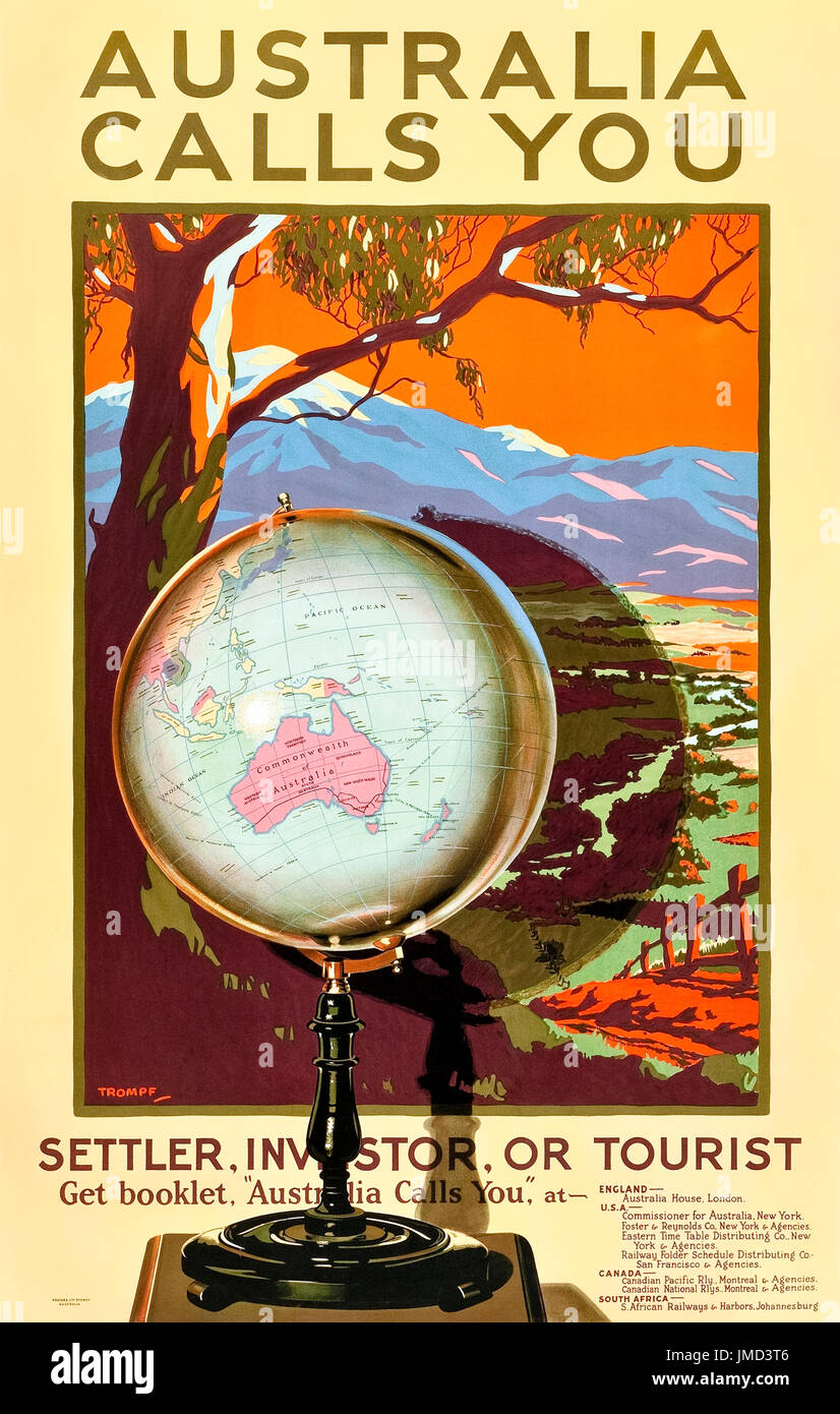 "Australien ruft dich. Siedler, Investor oder Tourist "1928 Tourismus Poster veröffentlicht von Australian National Railways Commission von Percy Trompf (1902-1964) entworfen. Stockfoto