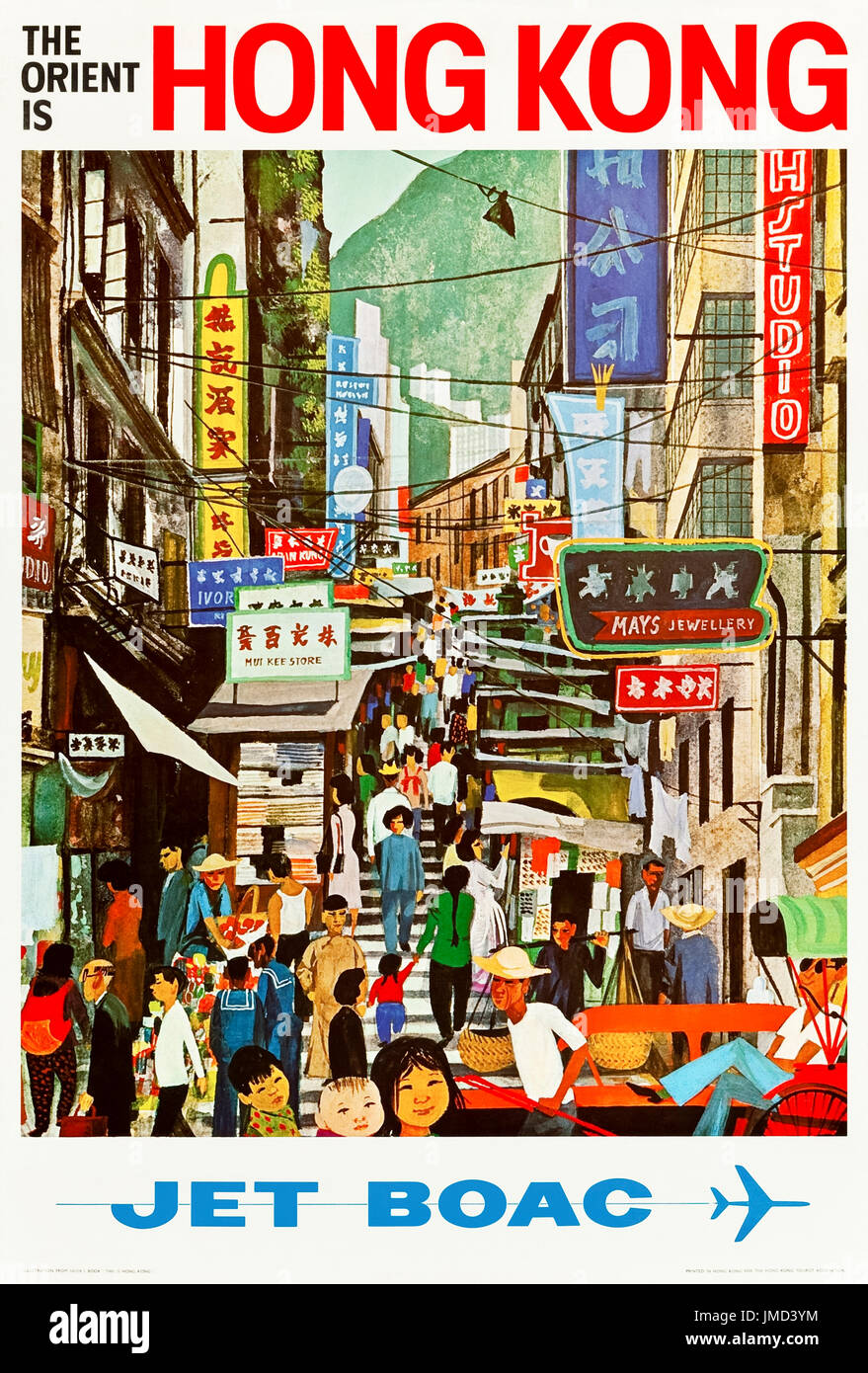 "Der Orient ist Hong Kong" Jet BOAC (British Overseas Airways Corporation) Tourismus Poster mit einer Illustration von Miroslav Sasek (1916-1980) aus seinem 1965 Kinderbuch "This ist Hong Kong". Stockfoto