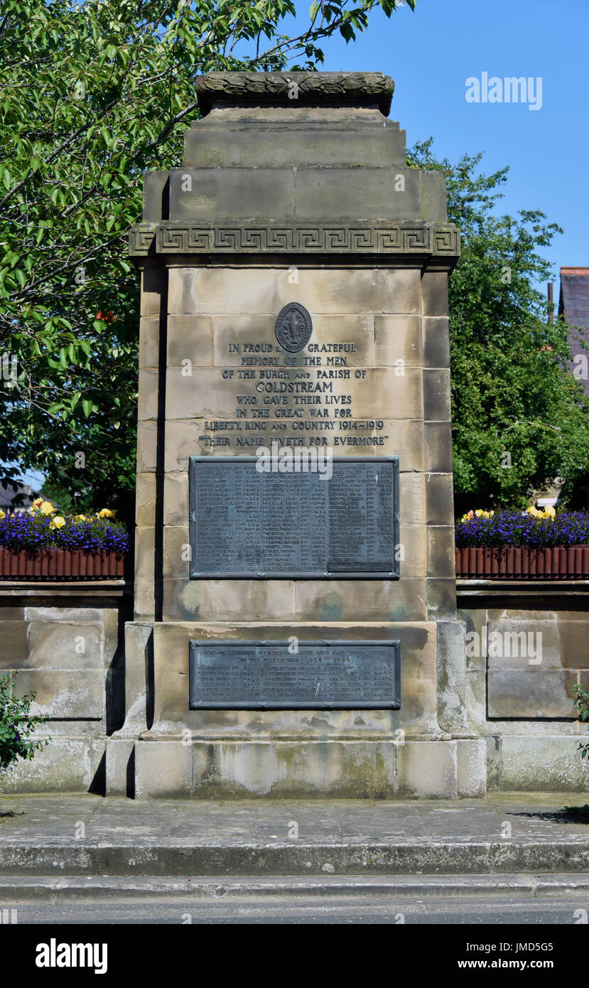 Denkmal des ersten Weltkriegs. High Street, Coldstream. Scottish Borders, Berwickshire, Schottland, Vereinigtes Königreich, Europa. Stockfoto