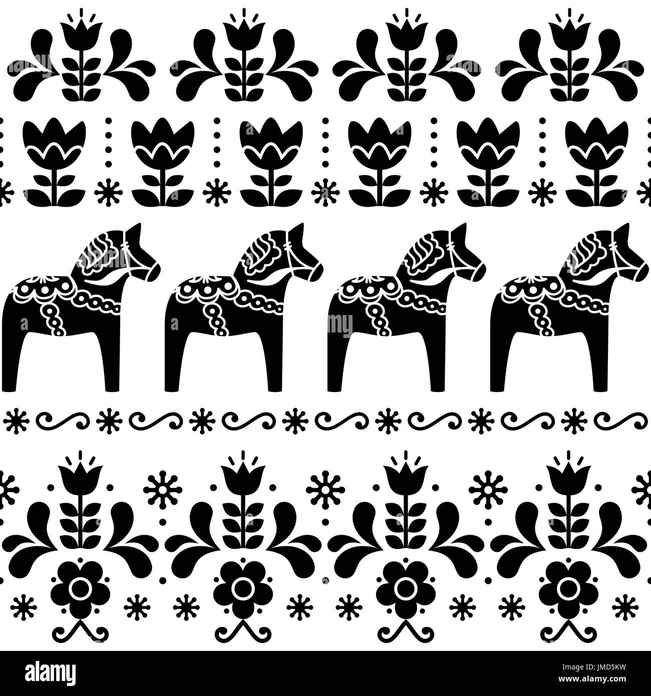 Schwedischen Dala Pferd Muster, skandinavischen nahtlose Volkskunst Design mit Blumen Stock Vektor