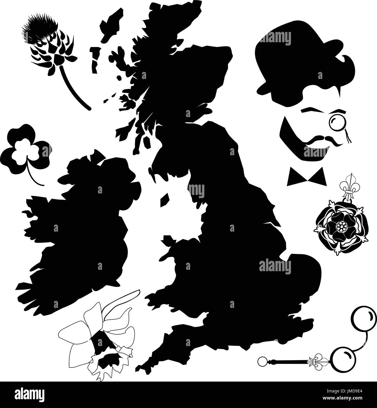 UK-Karte und Symbole in schwarz / weiß Stock Vektor