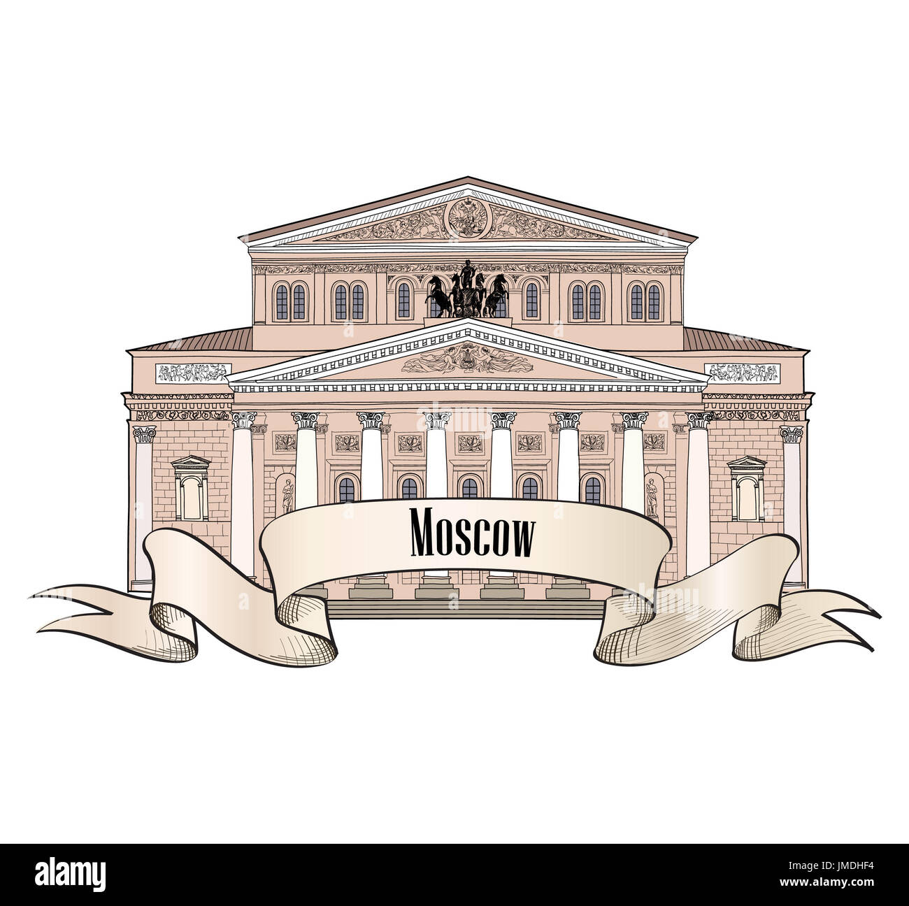 Bolschoi Theater isoliert auf weißem Hintergrund. Moskau Stadt-Label. Reisen Sie Vektor Hand Zeichnung Ikonensammlung. Stockfoto