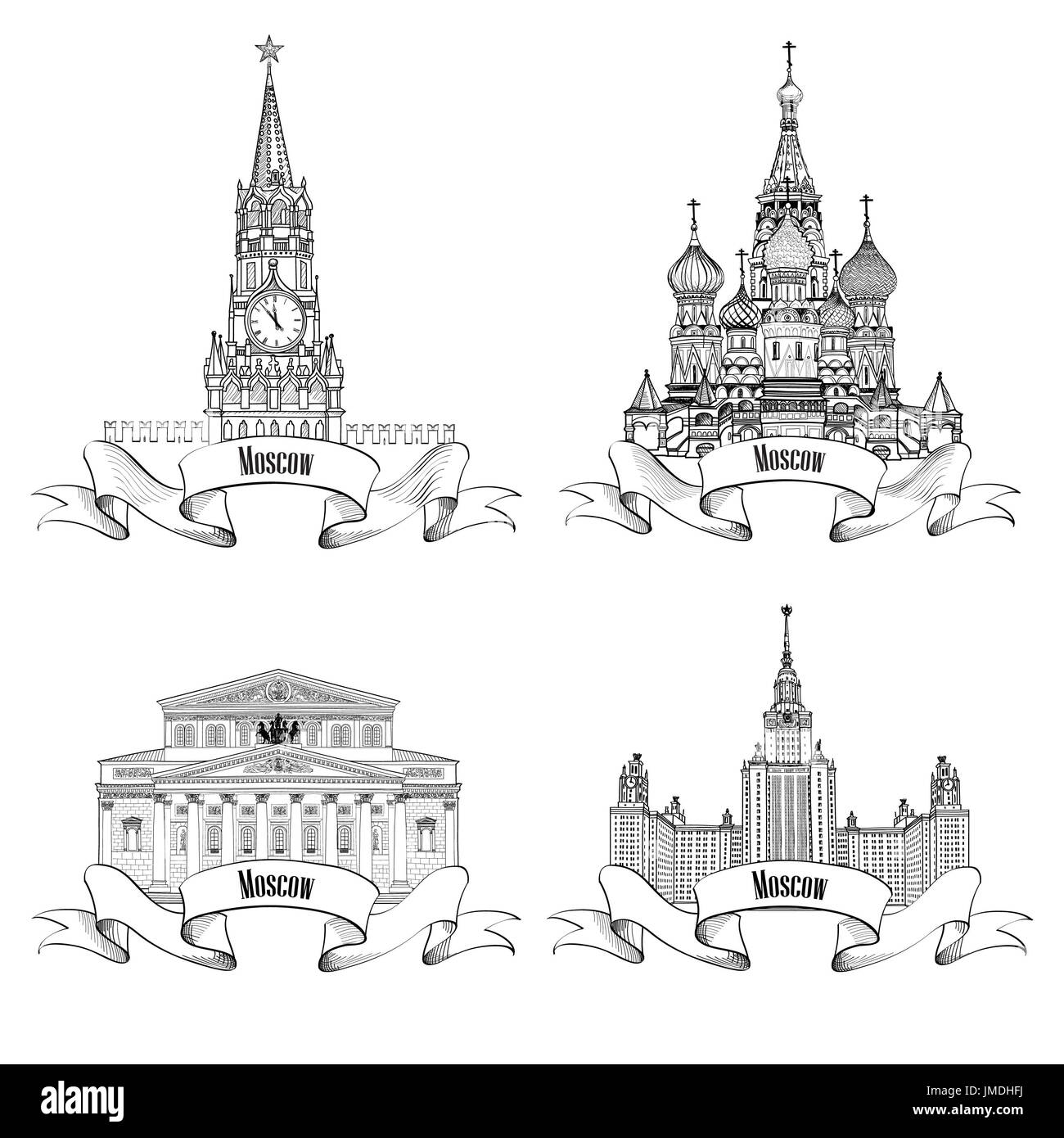 Moskau Stadt Beschriftungssatz. Bolschoi-Theater, Spasskaya Tower, Moscow State University, die Kathedrale Saint Baisil. Reisen Sie Vektor Ikonensammlung. Stockfoto