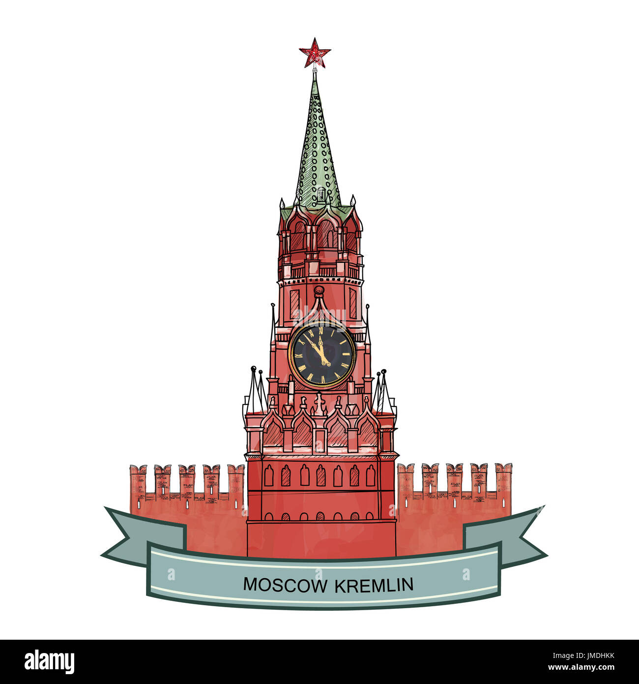Spasskaja-Turm, Roter Platz, Kreml, Moskau, Russland. Moskau Stadt-Label. Reisen Sie handgezeichnete Vektorgrafik Symbol. Stockfoto