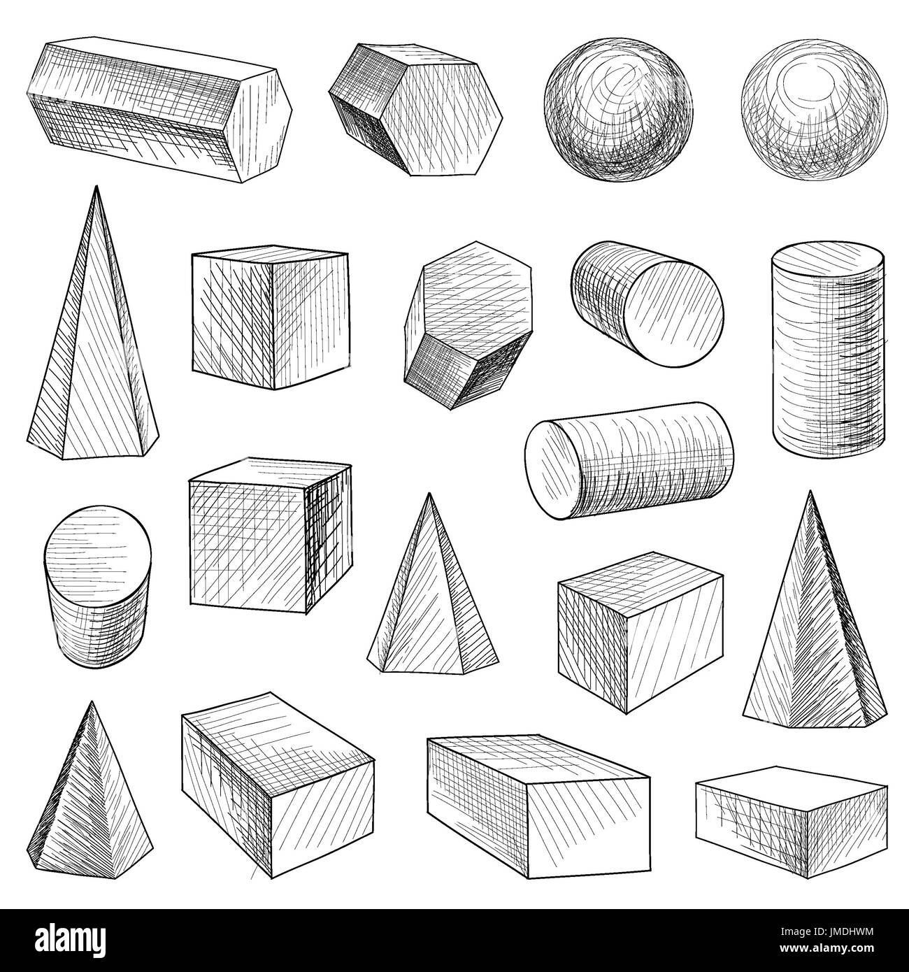 Geometrische Form handgezeichnetes Set. Geometrische Figurenkollektion Stockfoto