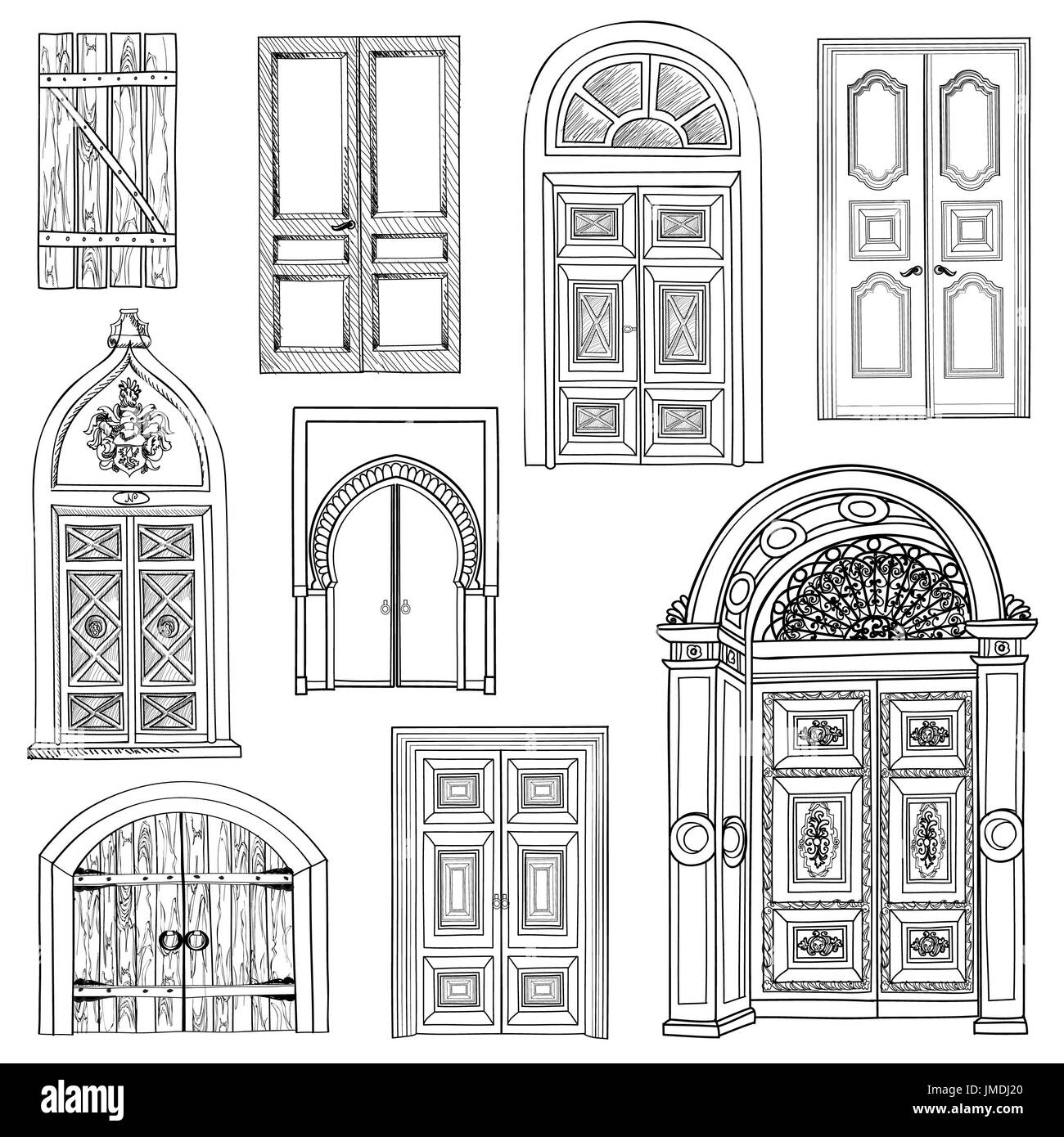 Tür-Set. Sammlung von Hand gezeichnete Skizze Vintage Türen. Stockfoto