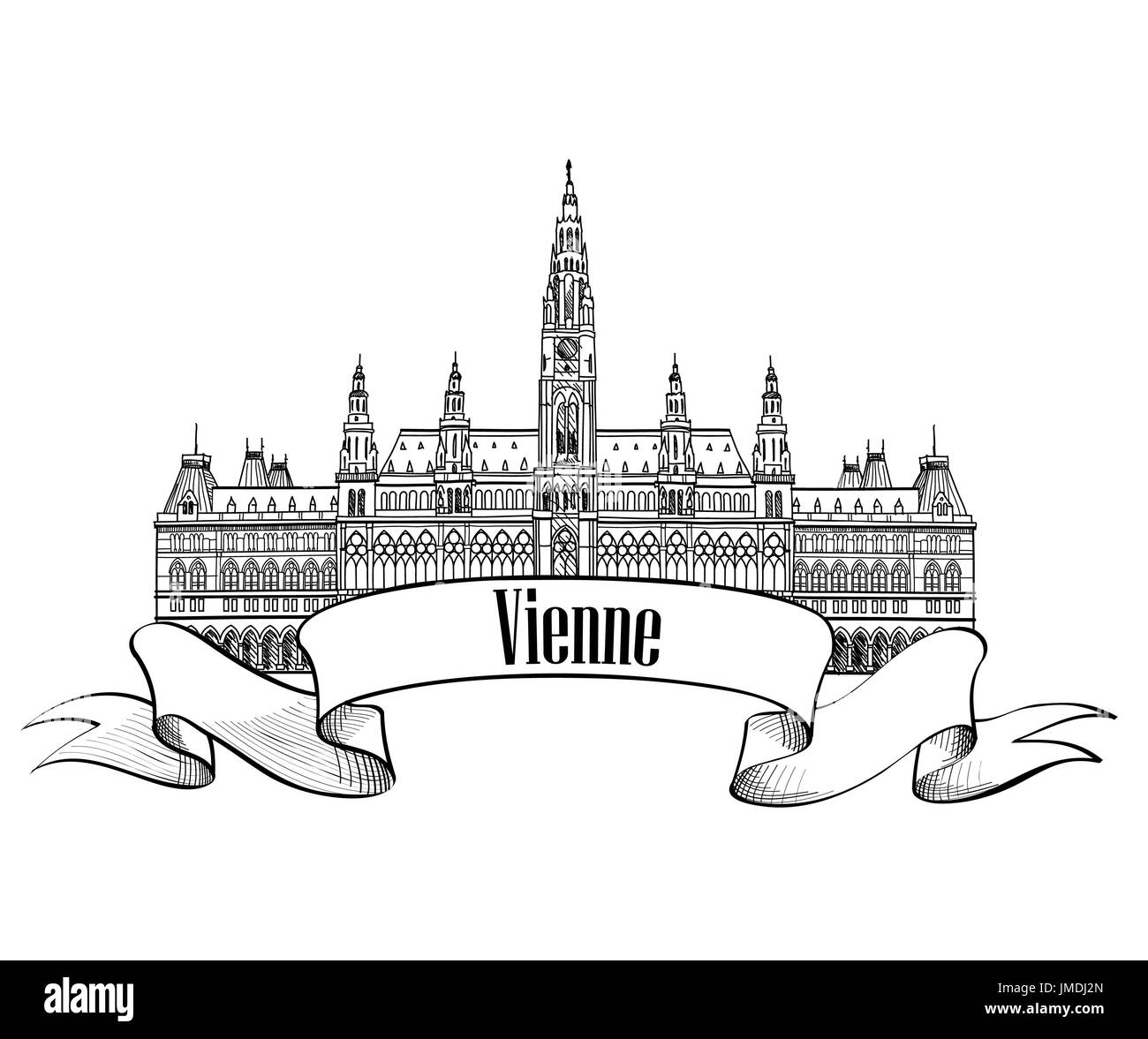 Berühmte Wahrzeichen der Stadt Vienna. Rathaus Palastgebäude isoliert. Besuchen Sie die Österreich-Karte. Europäischen Hauptstädten Zeichen zu reisen. Stockfoto