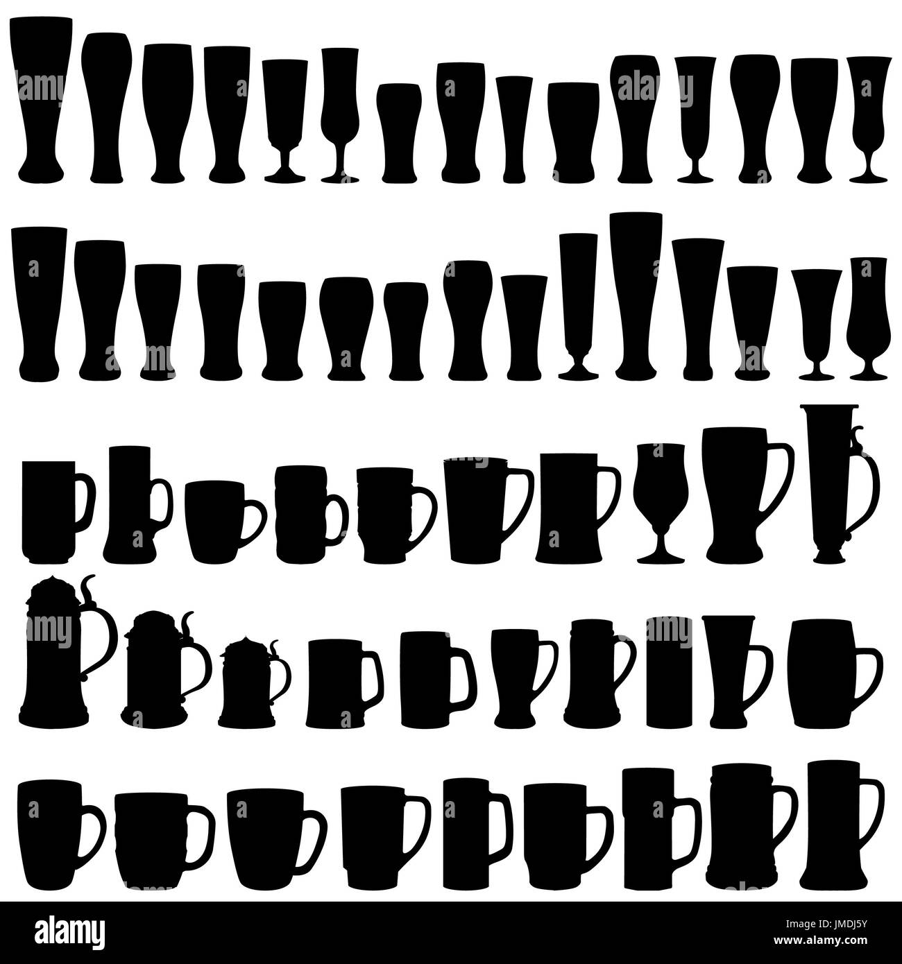 Glas und Bierkrug Icon Set. Glaswaren silhouette Kollektion. Stockfoto