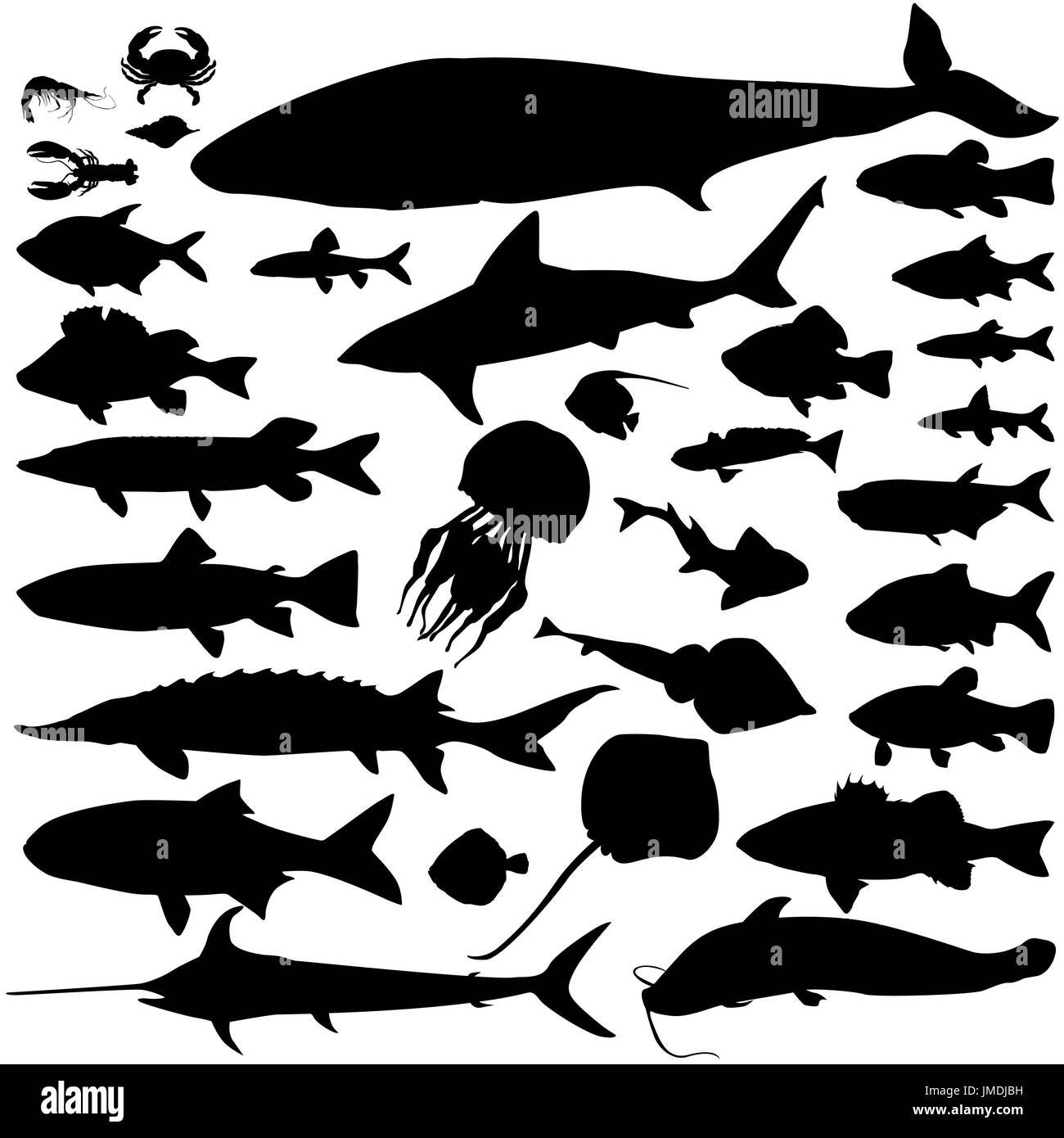 Fluss, Meer Fisch essen Silhouette Satz. Mariner Fische und Säugetiere. Meeresfrüchte-Icon-Sammlung. Ozean Unterwasser Tierwelt Zeichen Stockfoto