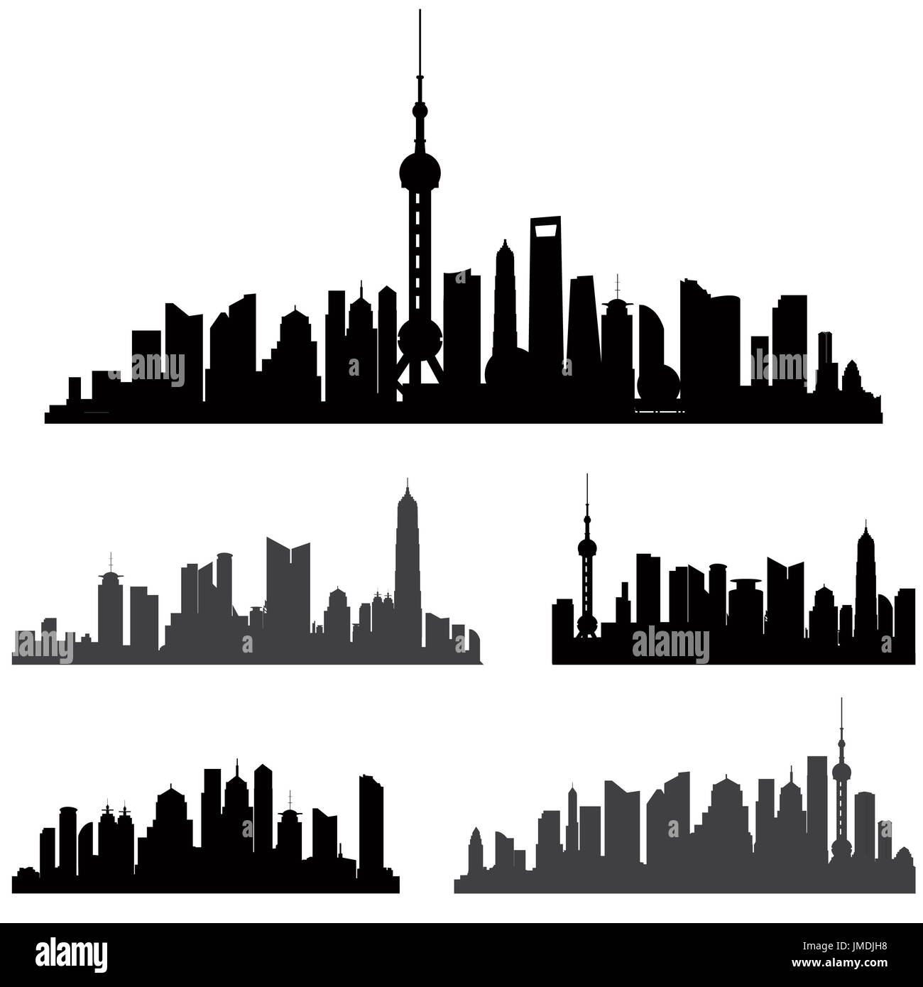 Shanghai-Skiline-Satz. Gebäude Kollektion Silhouette. Stockfoto