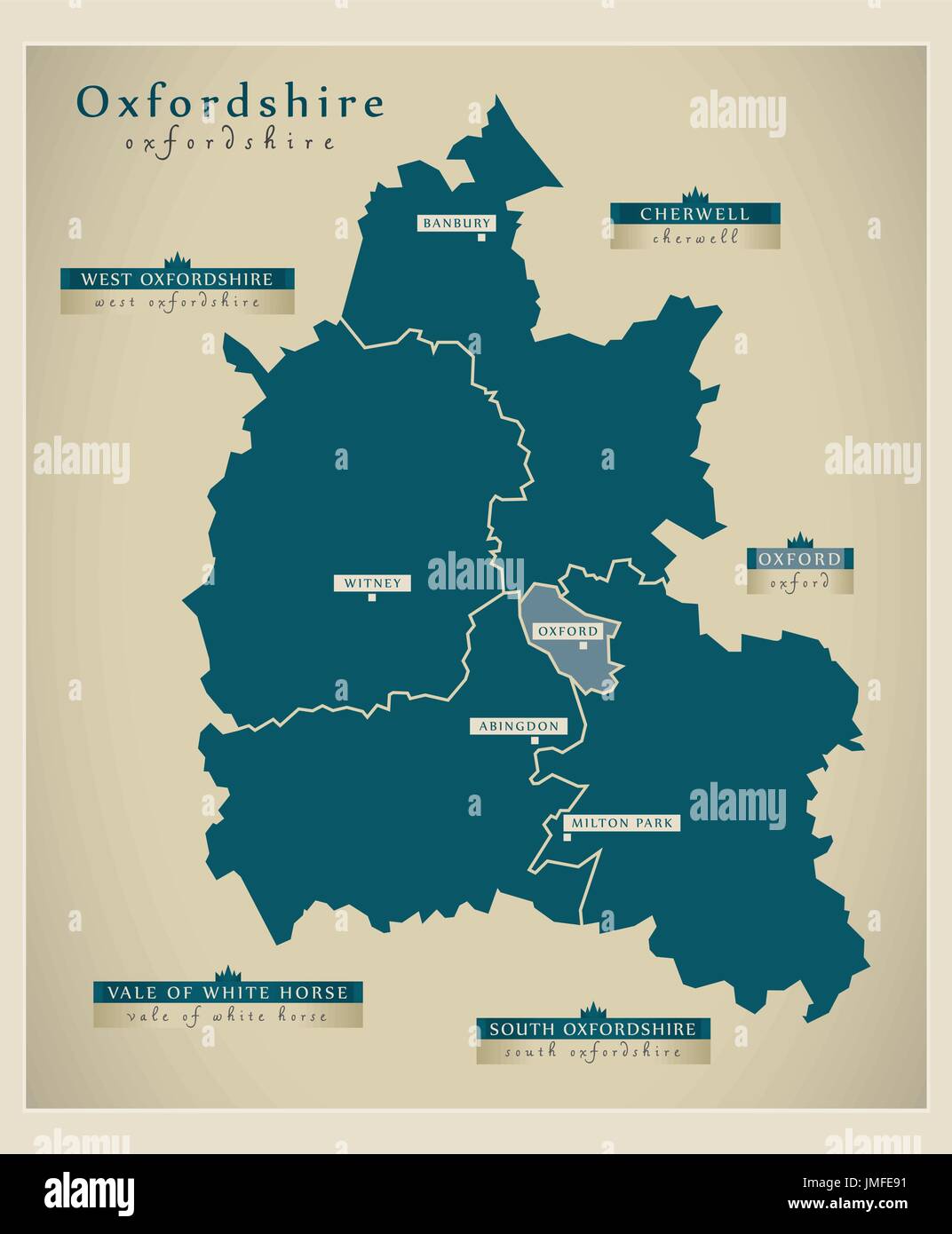 Moderne Karte - Oxfordshire County mit Bezirk Etiketten England UK illustration Stock Vektor
