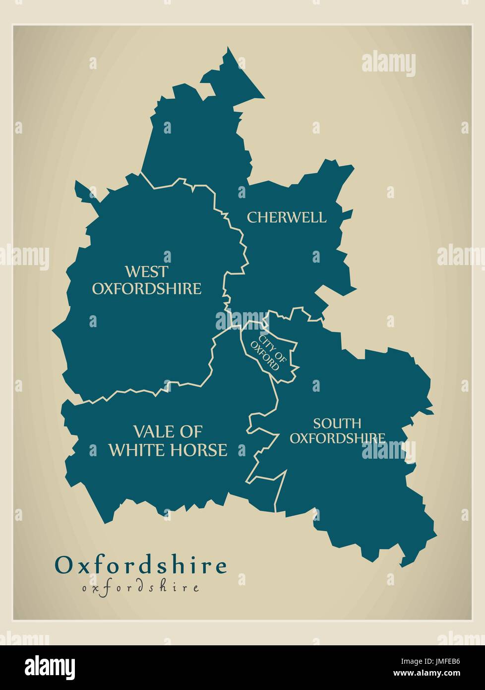 Moderne Karte - Oxfordshire County mit Bezirk Bildunterschriften England UK illustration Stock Vektor