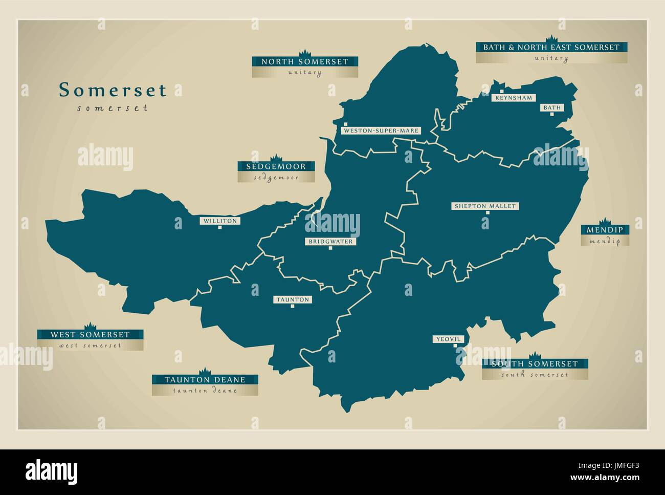 Moderne Karte - Somerset Grafschaft mit Bezirk Etiketten England UK illustration Stock Vektor