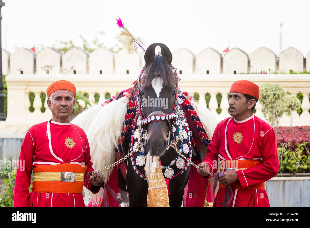 Marwari Pferde mit zwei Pfleger aufwendig dekoriert. Teilnehmer am Holi-Festival im City Palace, Udaipur, Indien Stockfoto