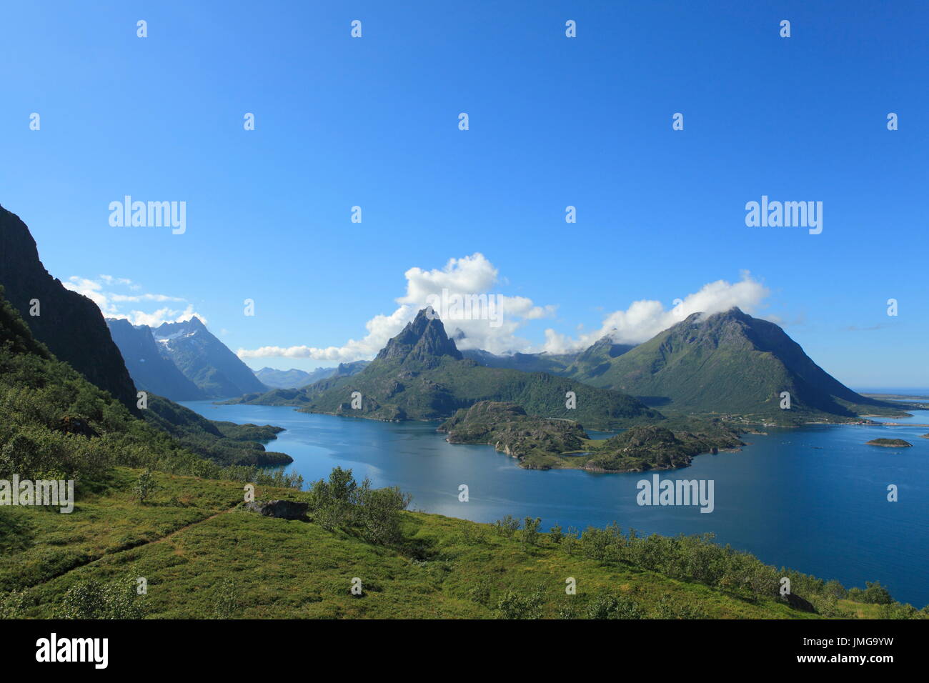 Wandern in den Alpen im Sommer in Vesterålen, im Norden von Norwegen, immer eine großartige Aussicht auf den blauen Fjord und grüne Berge Stockfoto