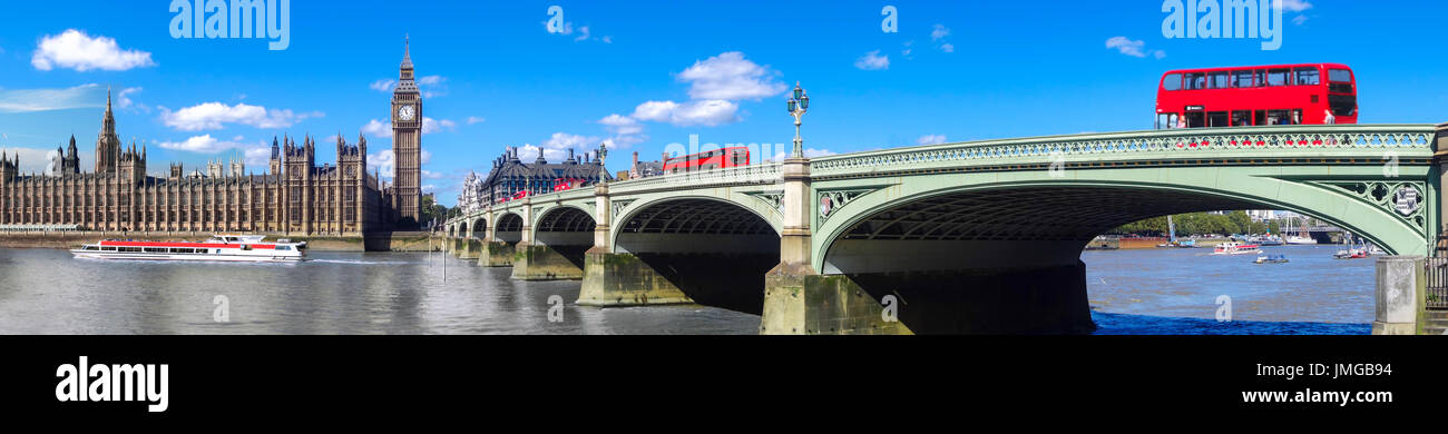 London Panorama mit roten Busse auf Brücke gegen Big Ben im England, UK Stockfoto