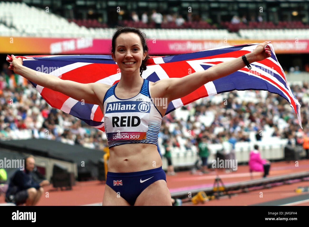 Stef Reid von GB gewinnt der Frauen Weitsprung T44 Finale auf der Welt Para Meisterschaften in London 2017 Stockfoto