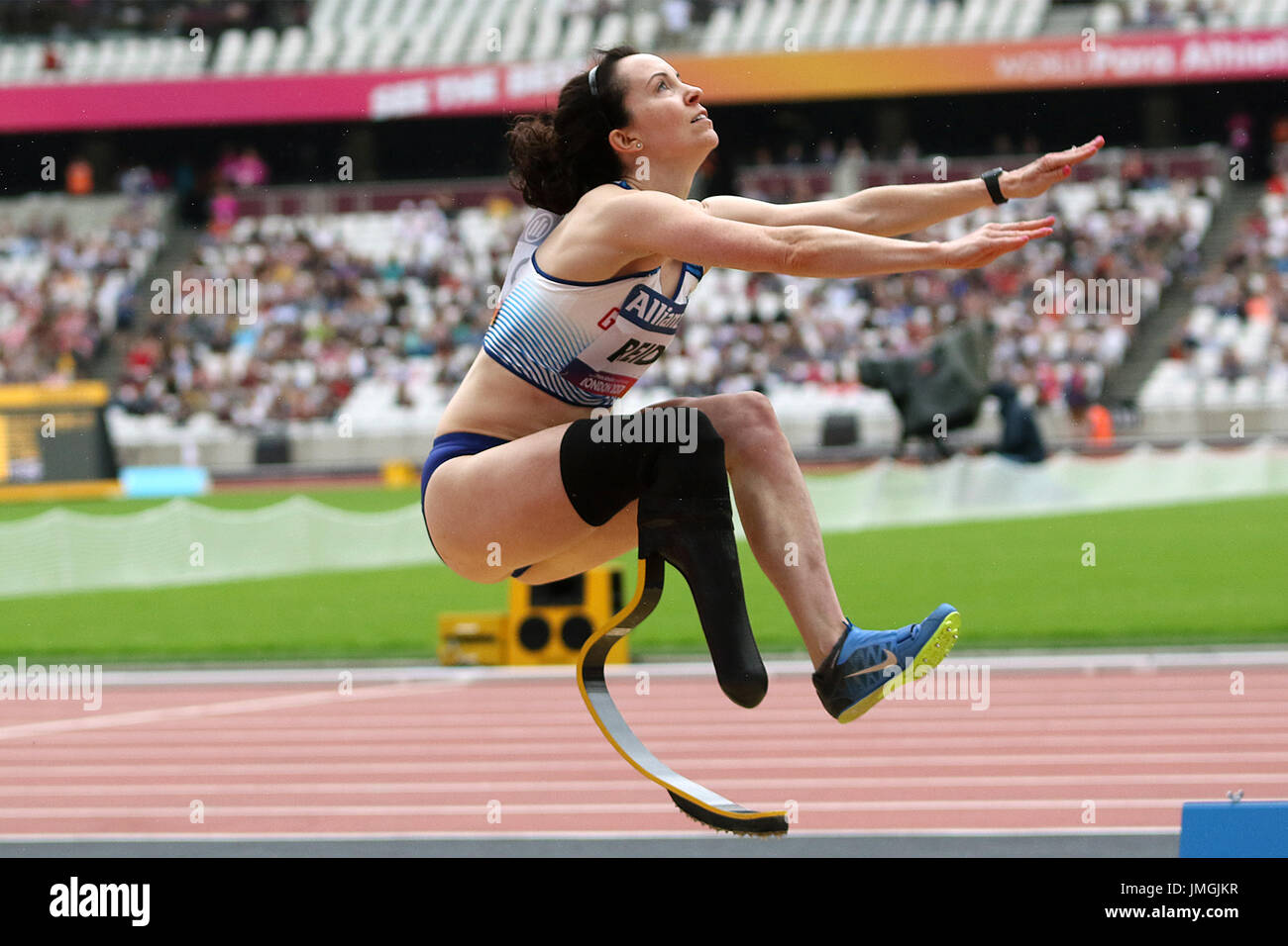 Stef Reid von GB gewinnt der Frauen Weitsprung T44 Finale auf der Welt Para Meisterschaften in London 2017 Stockfoto