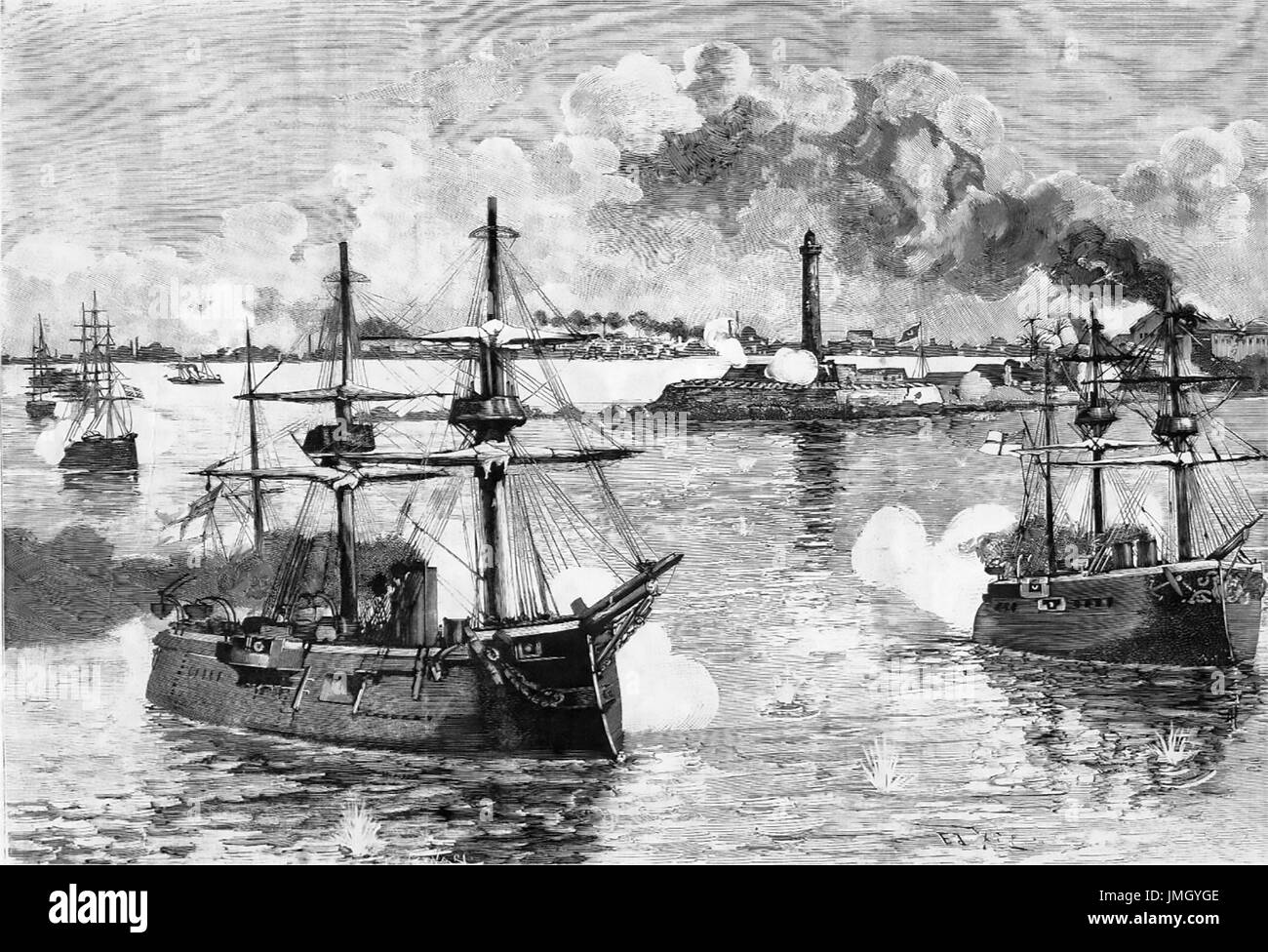 Bombardierung von ALEXANDRIA 11. Juli 1882 während des Anglo-ägyptischen Krieges durch die britische Flotte unter dem Kommando von Admiral Beauchamp Seymour mit Kampfhubschrauber Sultan auf der rechten Seite und Alexandra Stockfoto
