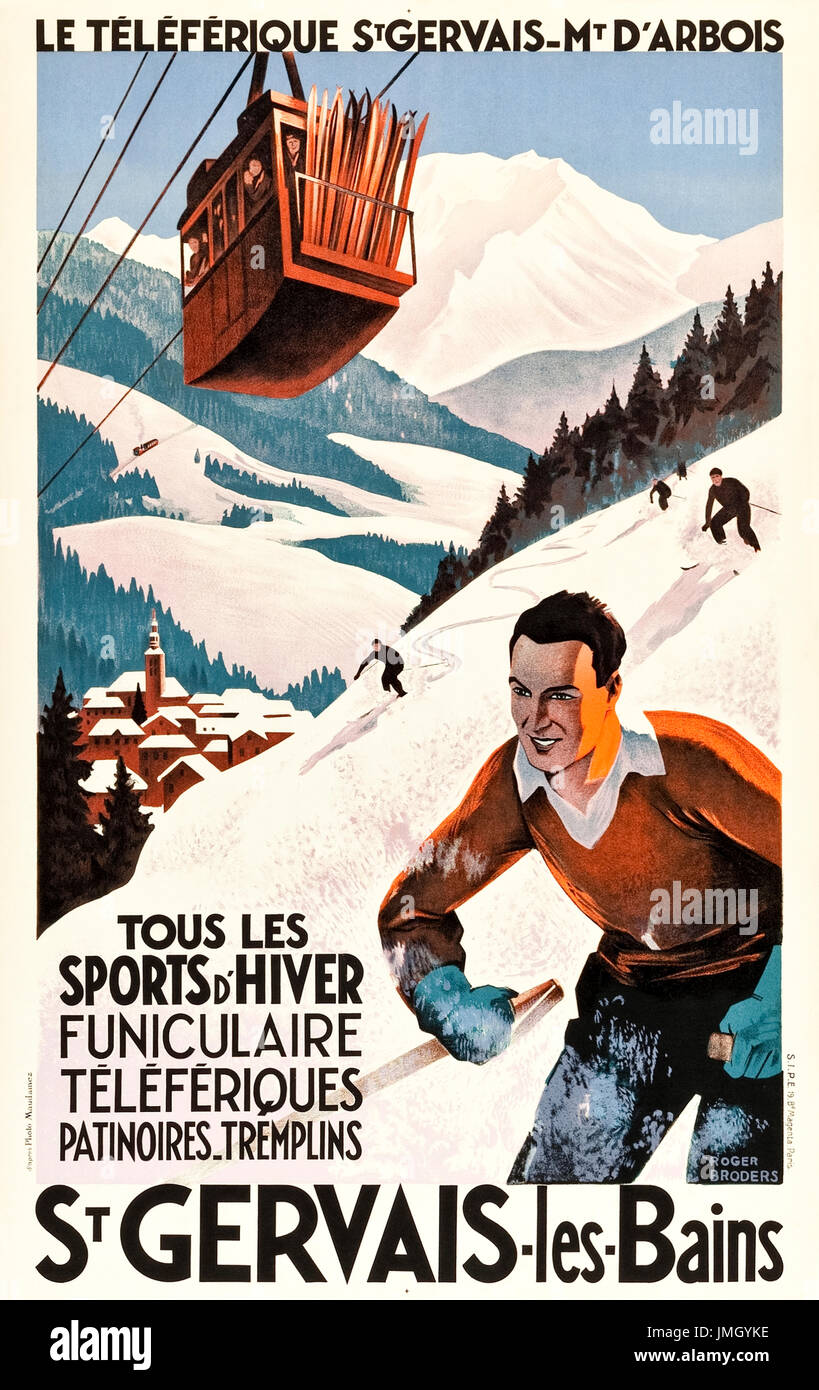 "St. Gervais-Les-Bains Tourismus Poster mit Skifahrer und die Seilbahn zum Mont Arbois in den französischen Alpen. Artwork von Roger Broders (1883-1953) für Paris Lyon Mediteranée Unternehmen (PLM) Eisenbahn. Stockfoto