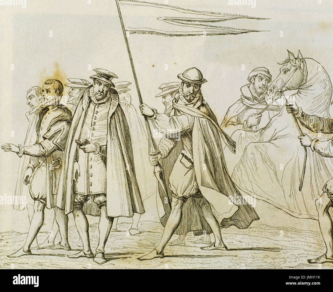 Beerdigung von Friedrich II. (1534-1588), König von Dänemark und Norwegen (1559-1588) in Roskilde. Detail. Ärzte und Lehrer. Gravur. "Panorama Universal, Dänemark", 1845. Stockfoto